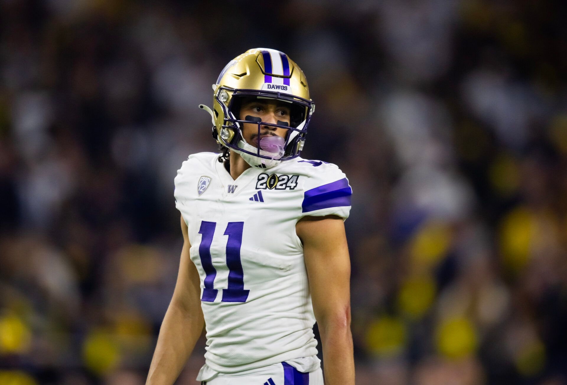 Washington Huskies wide receiver Jalen McMillan (11) against the Michigan Wolverines during the 2024 College Football Playoff national championship game at NRG Stadium.