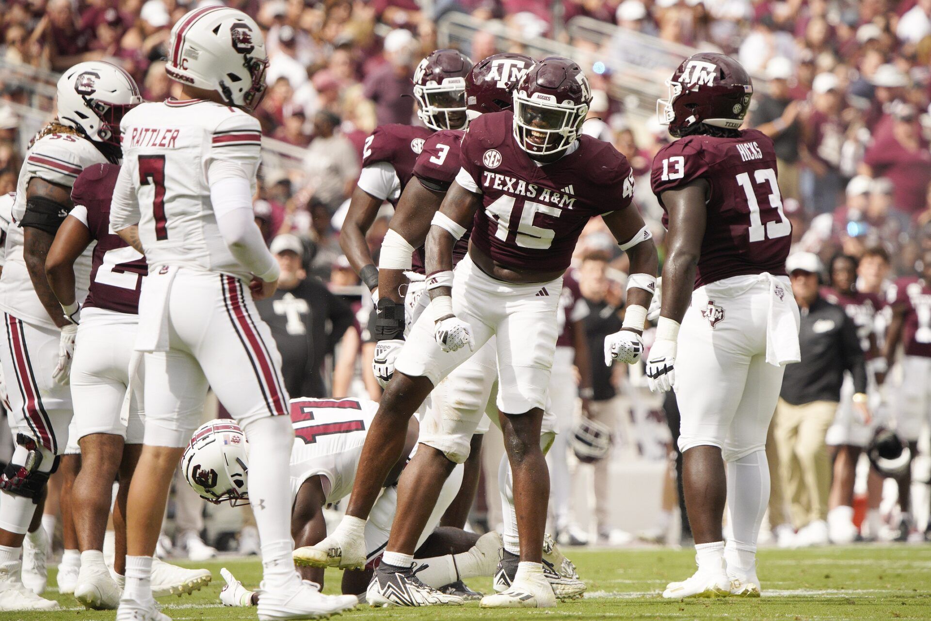 Texas A&M Aggies linebacker Edgerrin Cooper (45) celebrates a tackle against the South Carolina Gamecocks during the second quarter at Kyle Field.