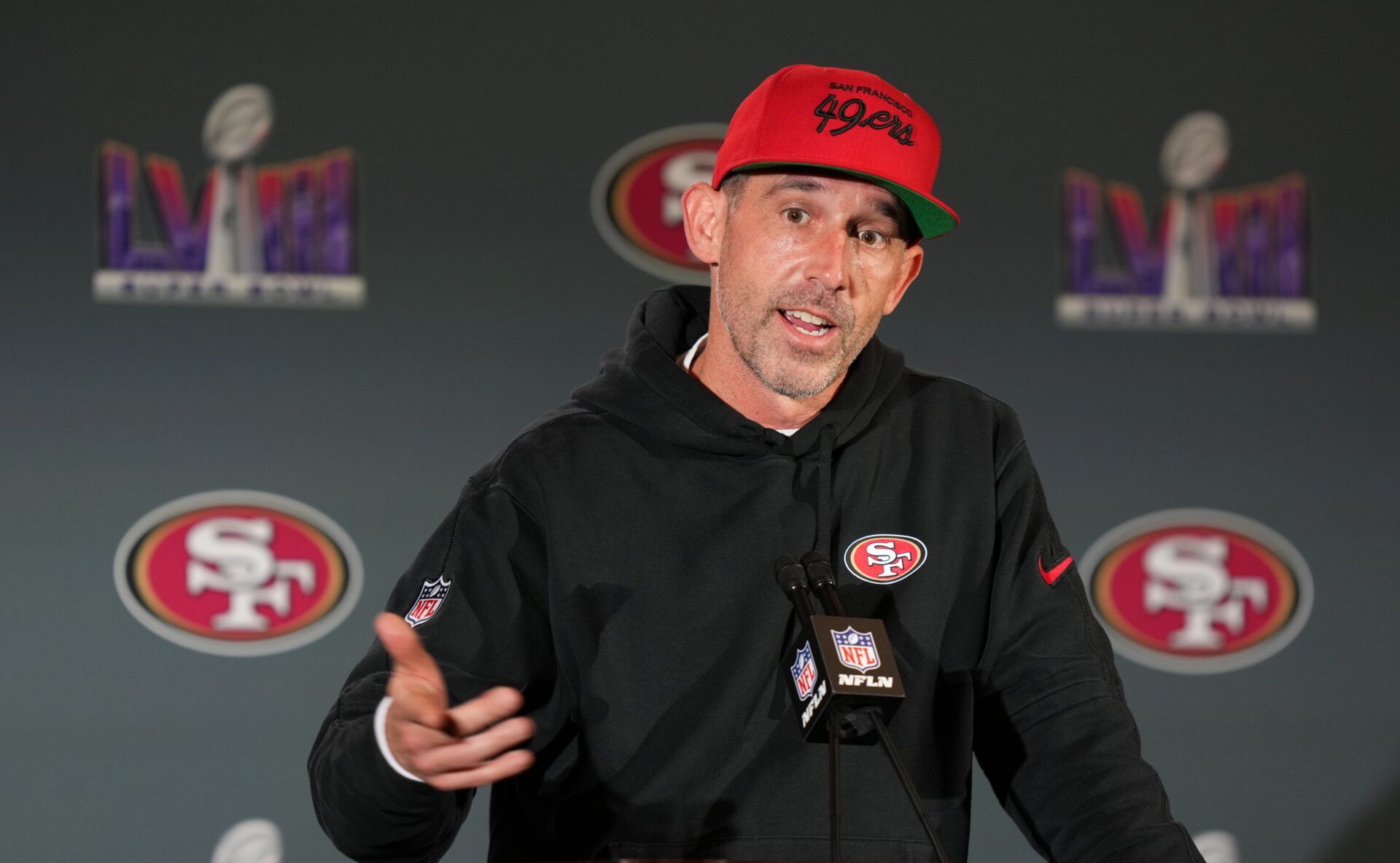 San Francisco 49ers head coach Kyle Shanahan speaks at a press conference during Super Bowl weekend.