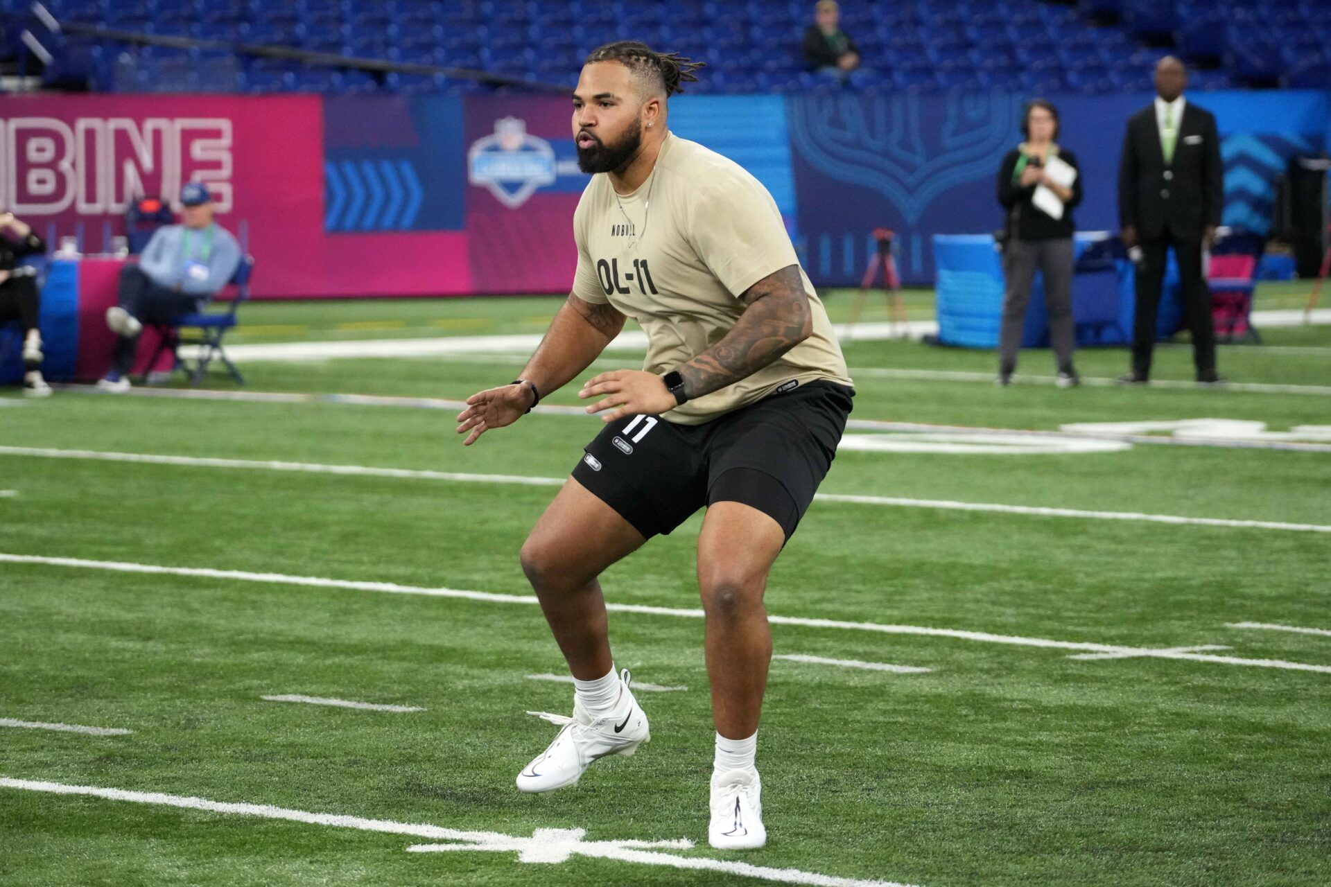 TCU OL Brandon Coleman performs drills at the NFL Scouting Combine.