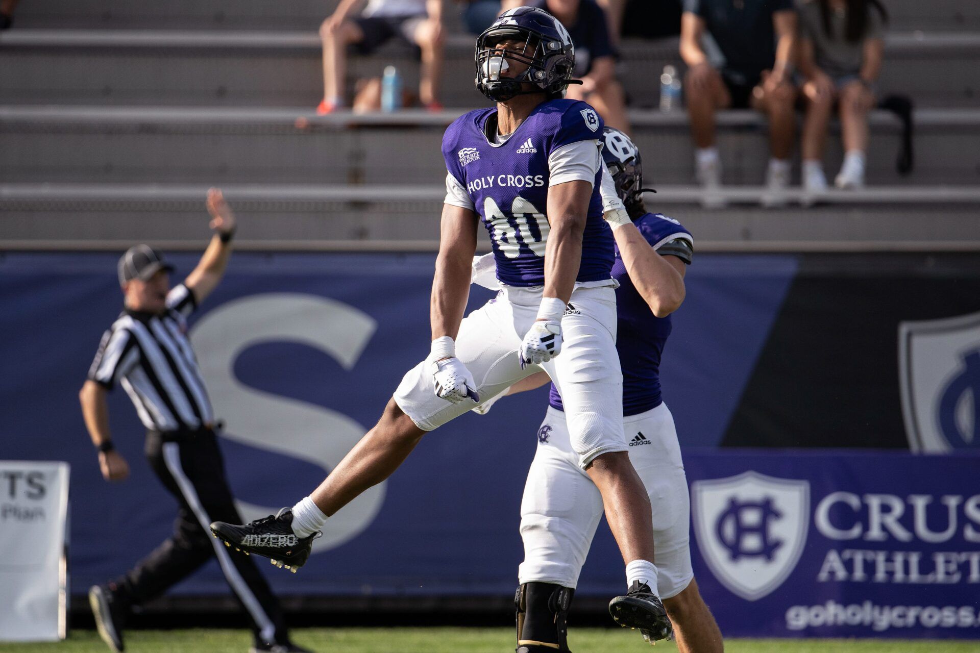 Holy Cross wide receiver Jalen Coker celebrates after a first down in the fourth quarter during Saturday's game at Fitton Field.