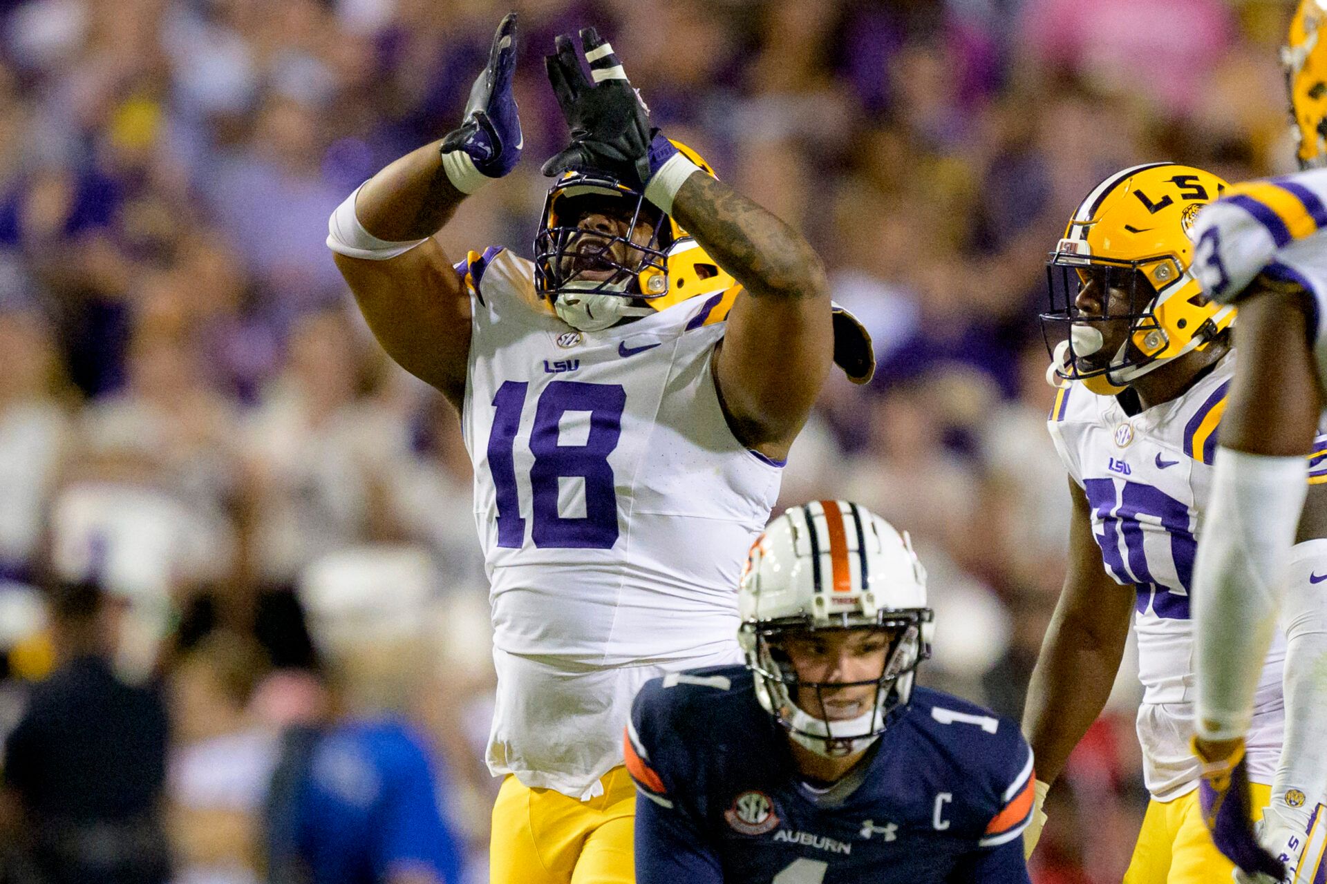 LSU Tigers defensive tackle Mekhi Wingo (18) reacts after tackling Auburn Tigers quarterback Payton Thorne (1) during the second quarter at Tiger Stadium.