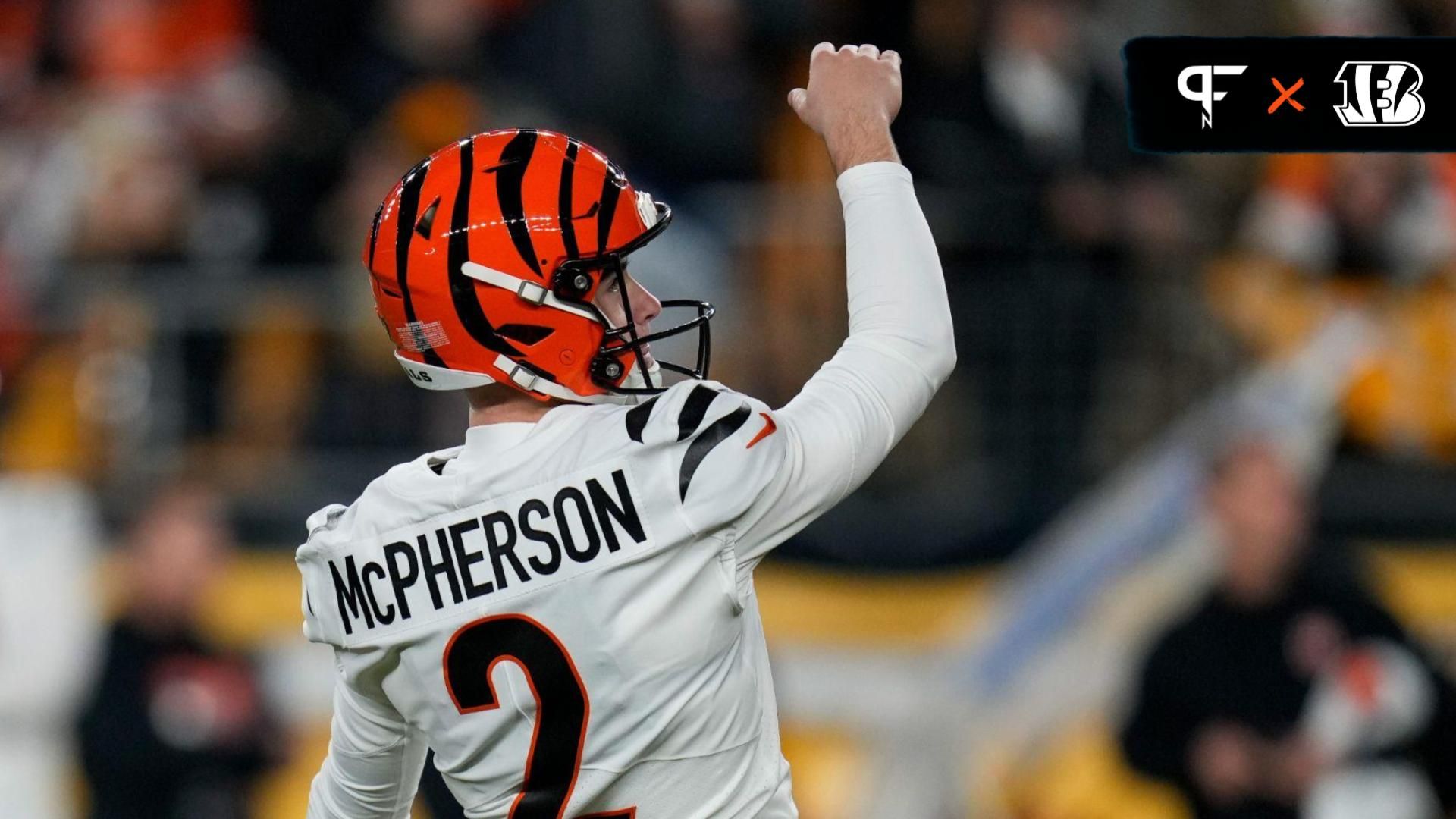 Cincinnati Bengals place kicker Evan McPherson (2) follows through on a field goal in the third quarter of the NFL 16 game between the Pittsburgh Steelers and the Cincinnati Bengals at Acrisure Stadium in Pittsburgh on Saturday, Dec. 23, 2023.