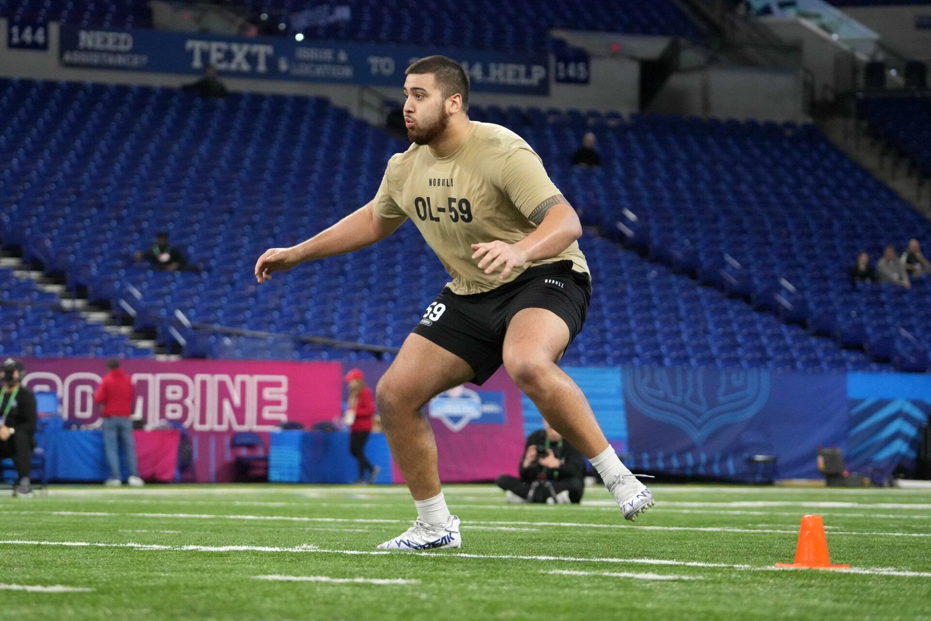 Kansas offensive lineman Dominick Puni (OL59) during the 2024 NFL Scouting Combine at Lucas Oil Stadium. Mandatory Credit: Kirby Lee-USA TODAY Sports