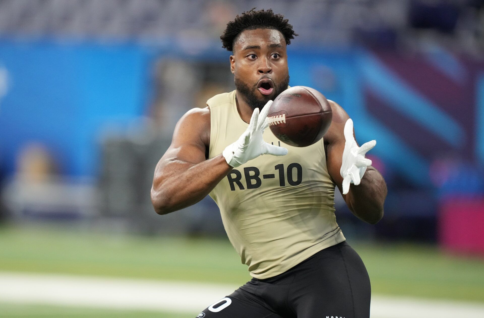 Notre Dame running back Audric Estime (RB10) during the 2024 NFL Combine at Lucas Oil Stadium. Mandatory Credit: Kirby Lee-USA TODAY Sports