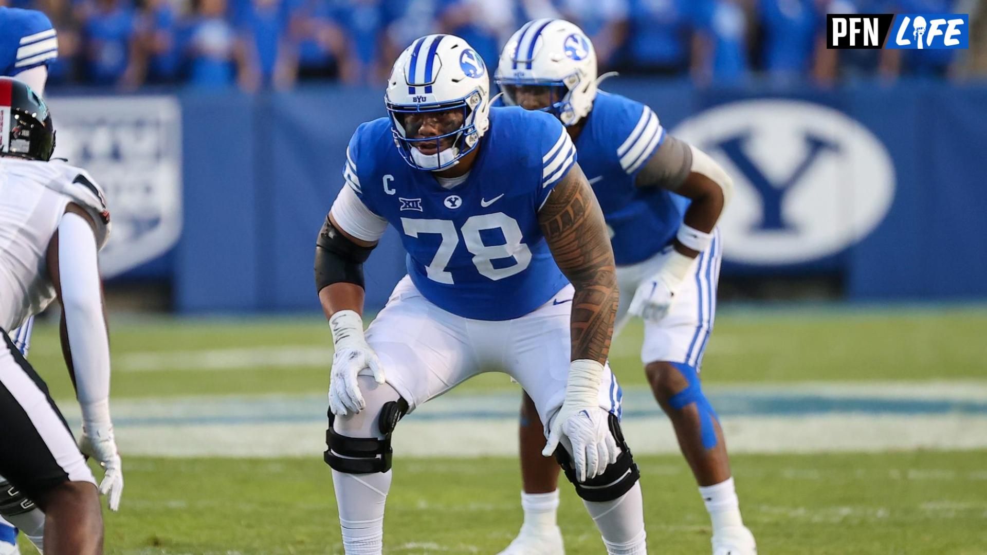 Brigham Young Cougars offensive lineman Kingsley Suamataia (78) prepares to block against the Texas Tech Red Raiders in the first half at LaVell Edwards Stadium. Mandatory Credit: Rob Gray-USA TODAY Sports