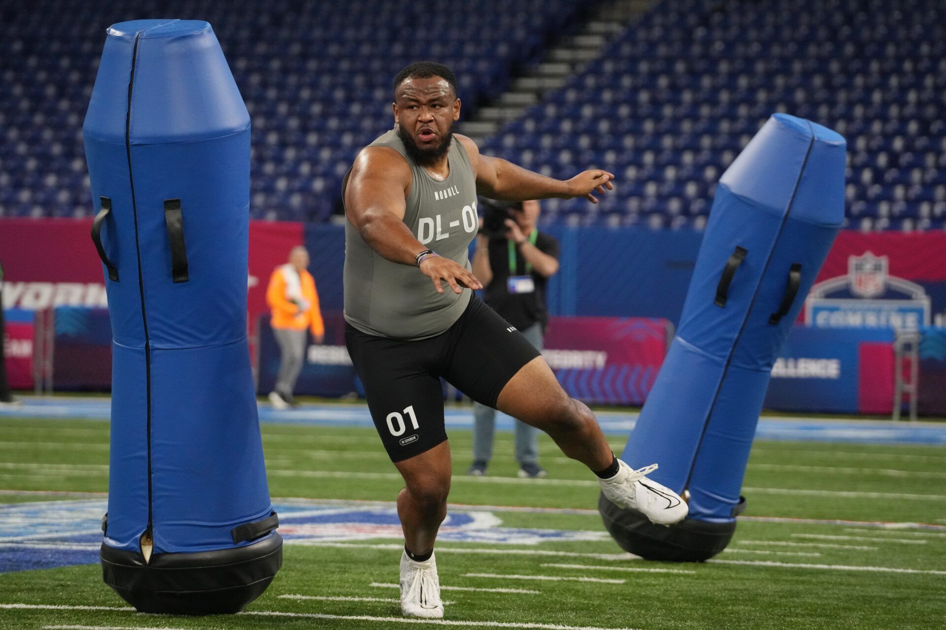 Duke defensive lineman Dewayne Carter (DL01) works out during the 2024 NFL Combine at Lucas Oil Stadium. Mandatory Credit: Kirby Lee-USA TODAY Sports