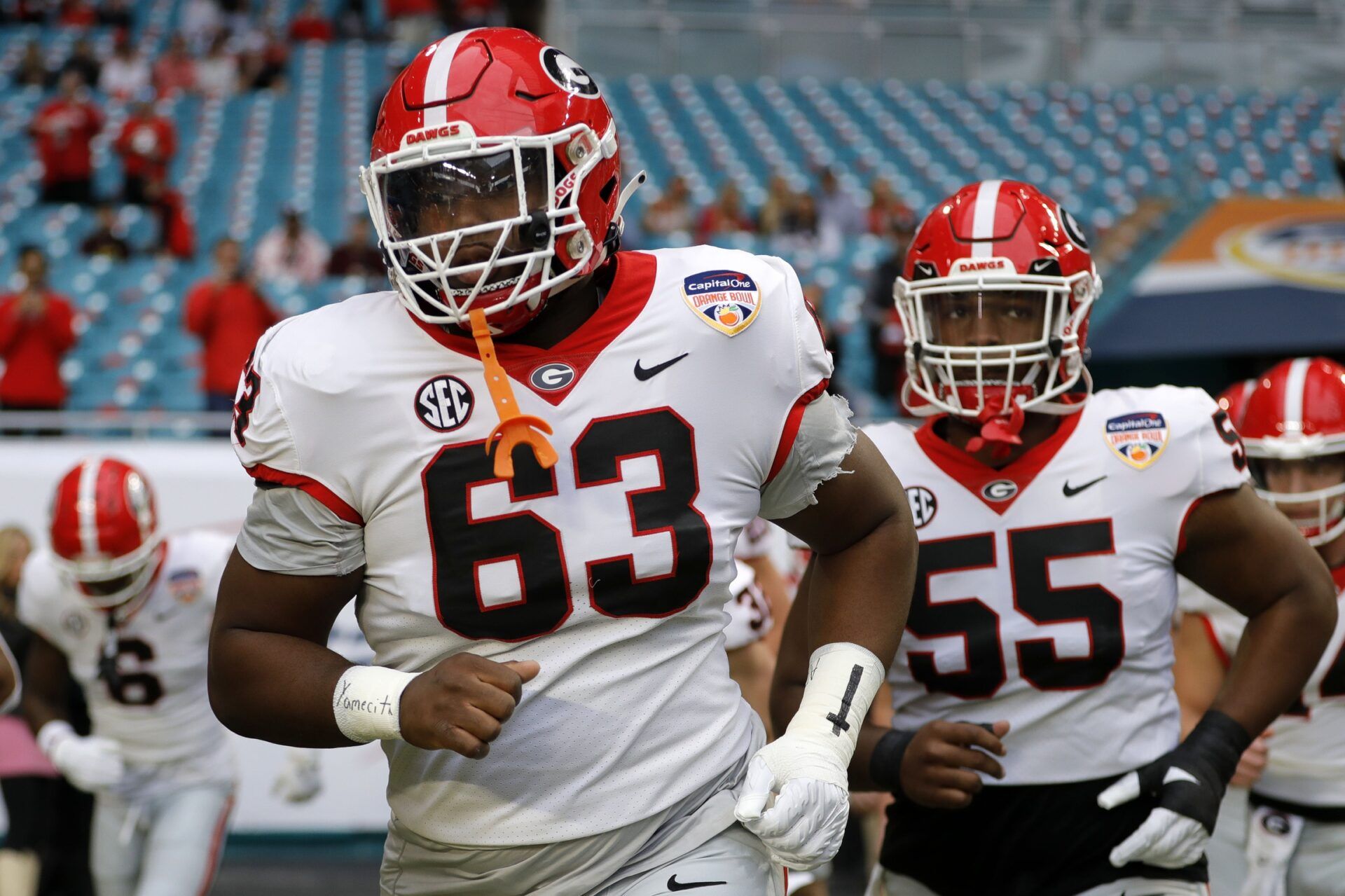 Georgia Bulldogs offensive lineman Sedrick Van Pran (63) takes the field before the game against the Florida State Seminoles for the 2023 Orange Bowl at Hard Rock Stadium. Mandatory Credit: Sam Navarro-USA TODAY Sports