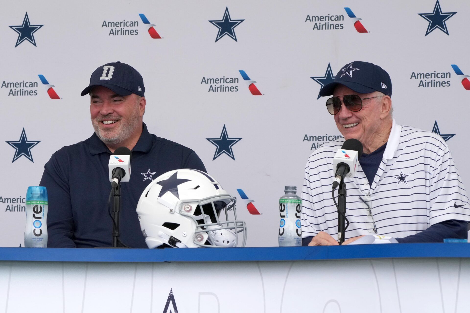 Dallas Cowboys head coach Mike McCarthy and owner Jerry Jones during a press conference at training camp.