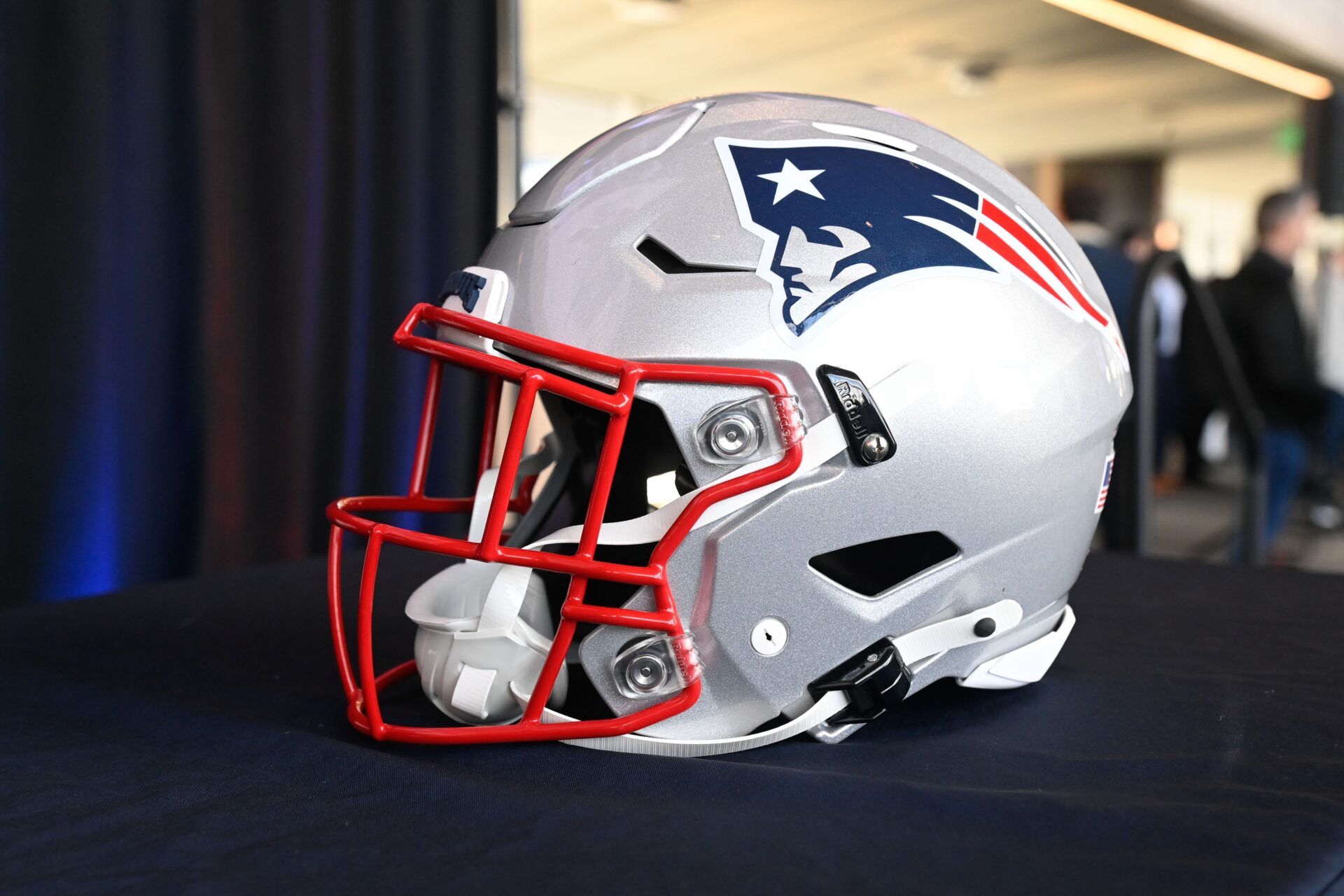 A New England Patriots helmet on display at Gillette Stadium.