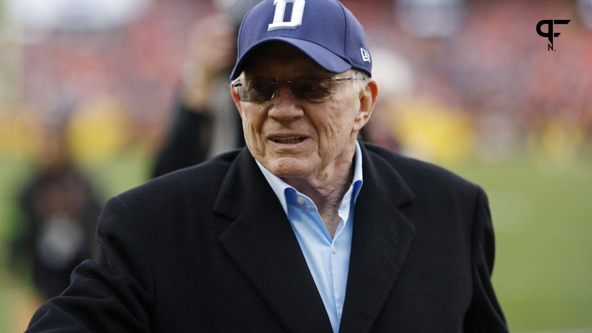 Dallas Cowboys owner Jerry Jones walks off the field after warmups prior to the game against the Washington Commanders at FedExField.