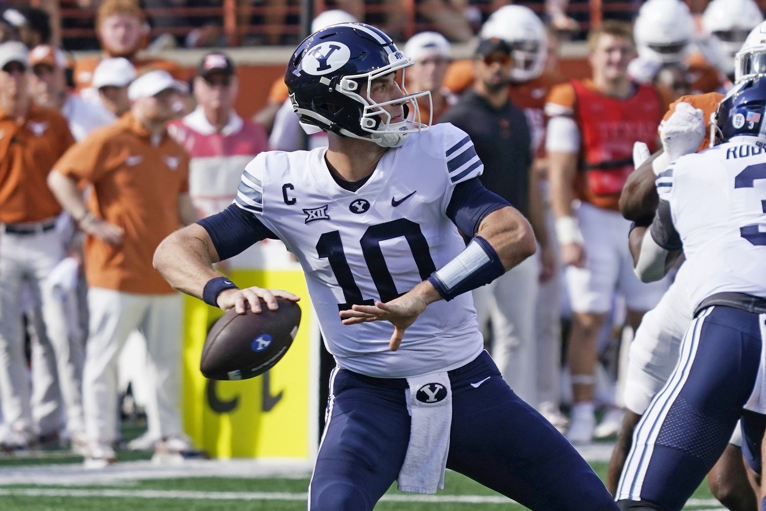 Brigham Young quarterback Kedon Slovis (10) throws a pass during the first half against the Texas Longhorns at Darrell K Royal-Texas Memorial Stadium.