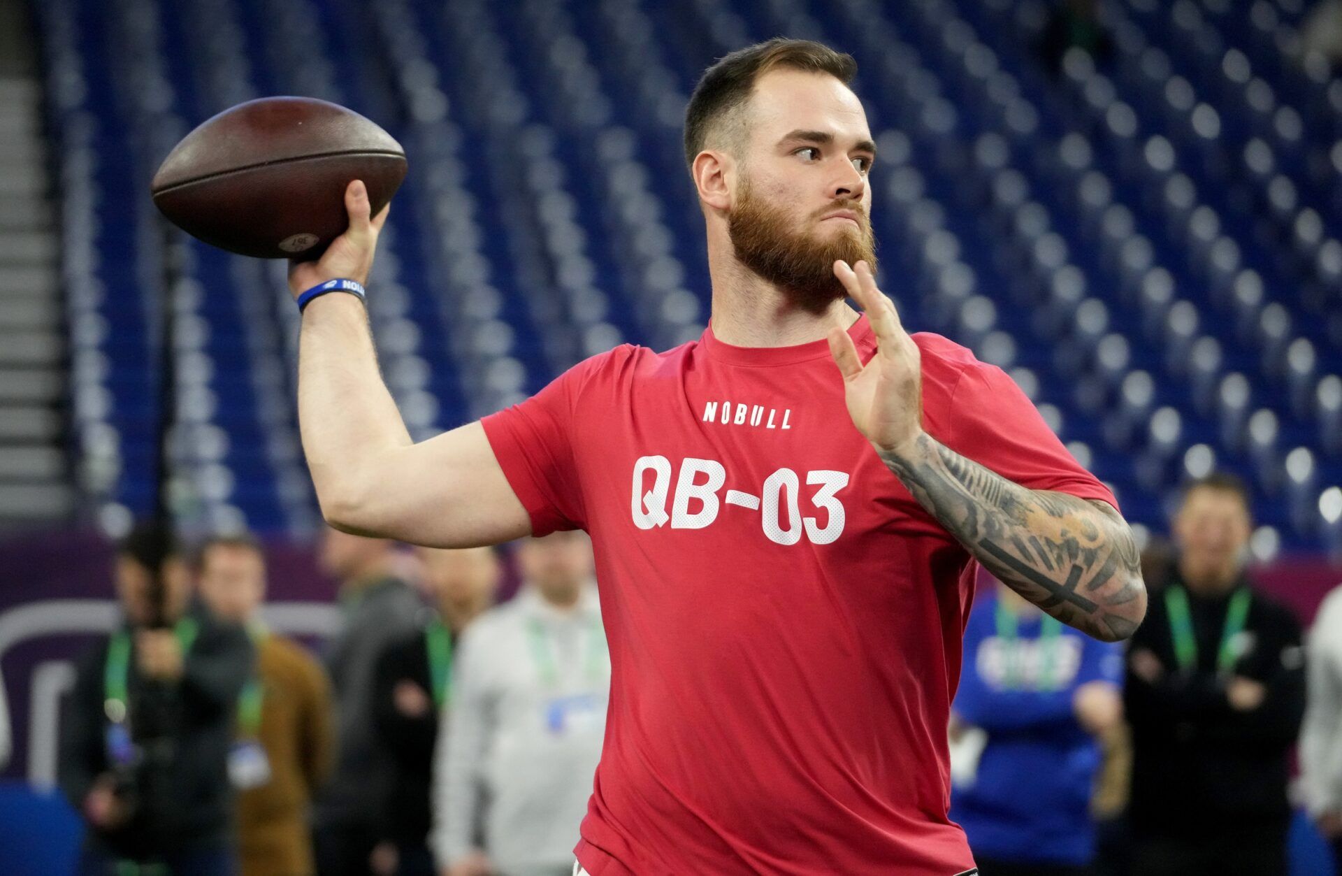 Kentucky quarterback Devin Leary (QB03) during the 2024 NFL Combine at Lucas Oil Stadium. Mandatory Credit: Kirby Lee-USA TODAY Sports