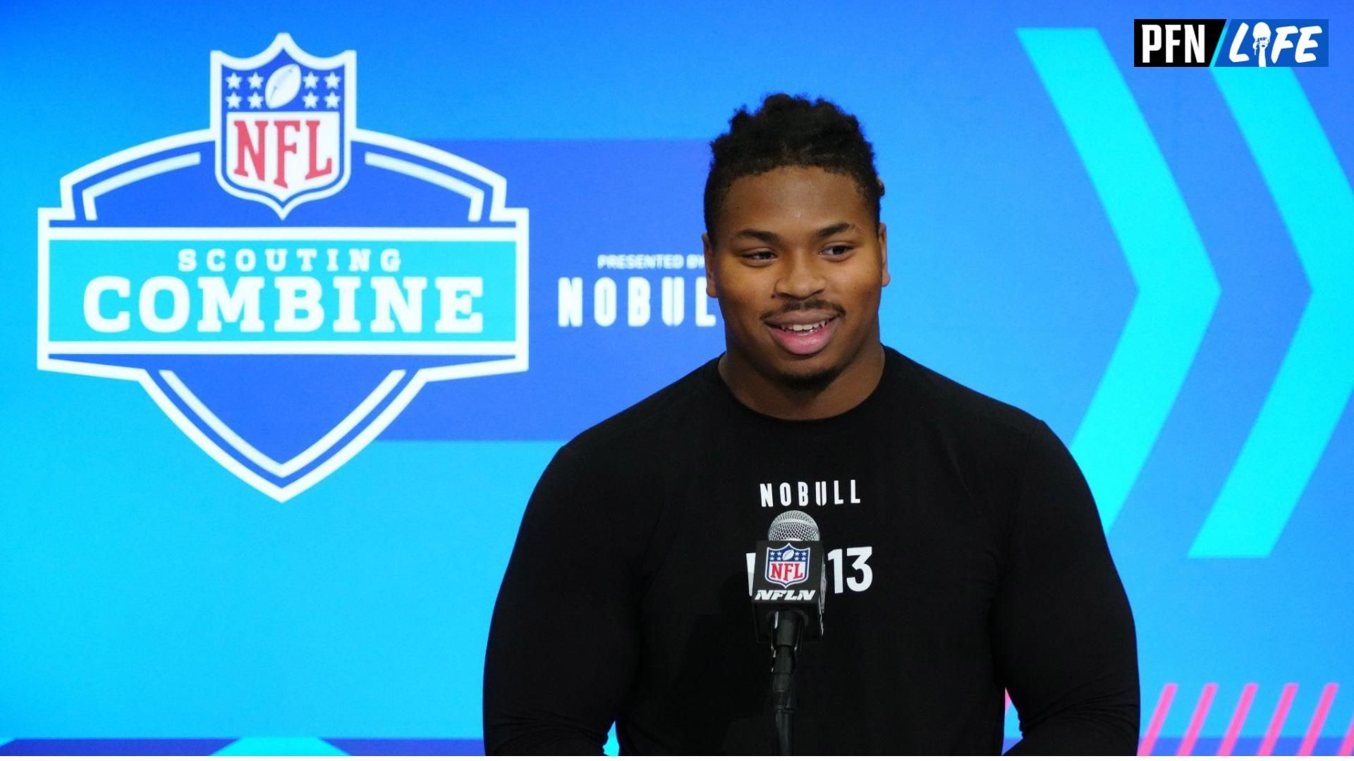 Michigan defensive lineman Kris Jenkins (DL13) speaks at a press conference at the NFL Scouting Combine at Indiana Convention Center. Mandatory Credit: Kirby Lee-USA TODAY Sports