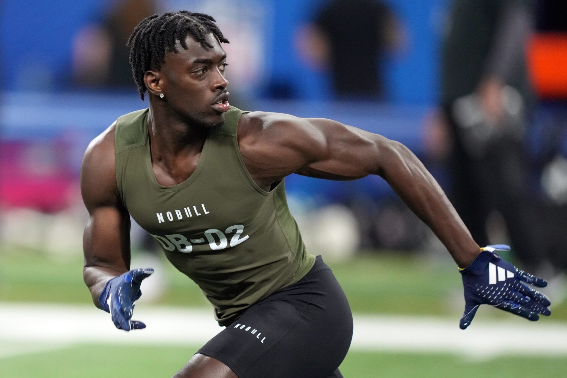 Alabama defensive back Terrion Arnold (DB02) works out during the 2024 NFL Combine at Lucas Oil Stadium. Mandatory Credit: Kirby Lee-USA TODAY Sports