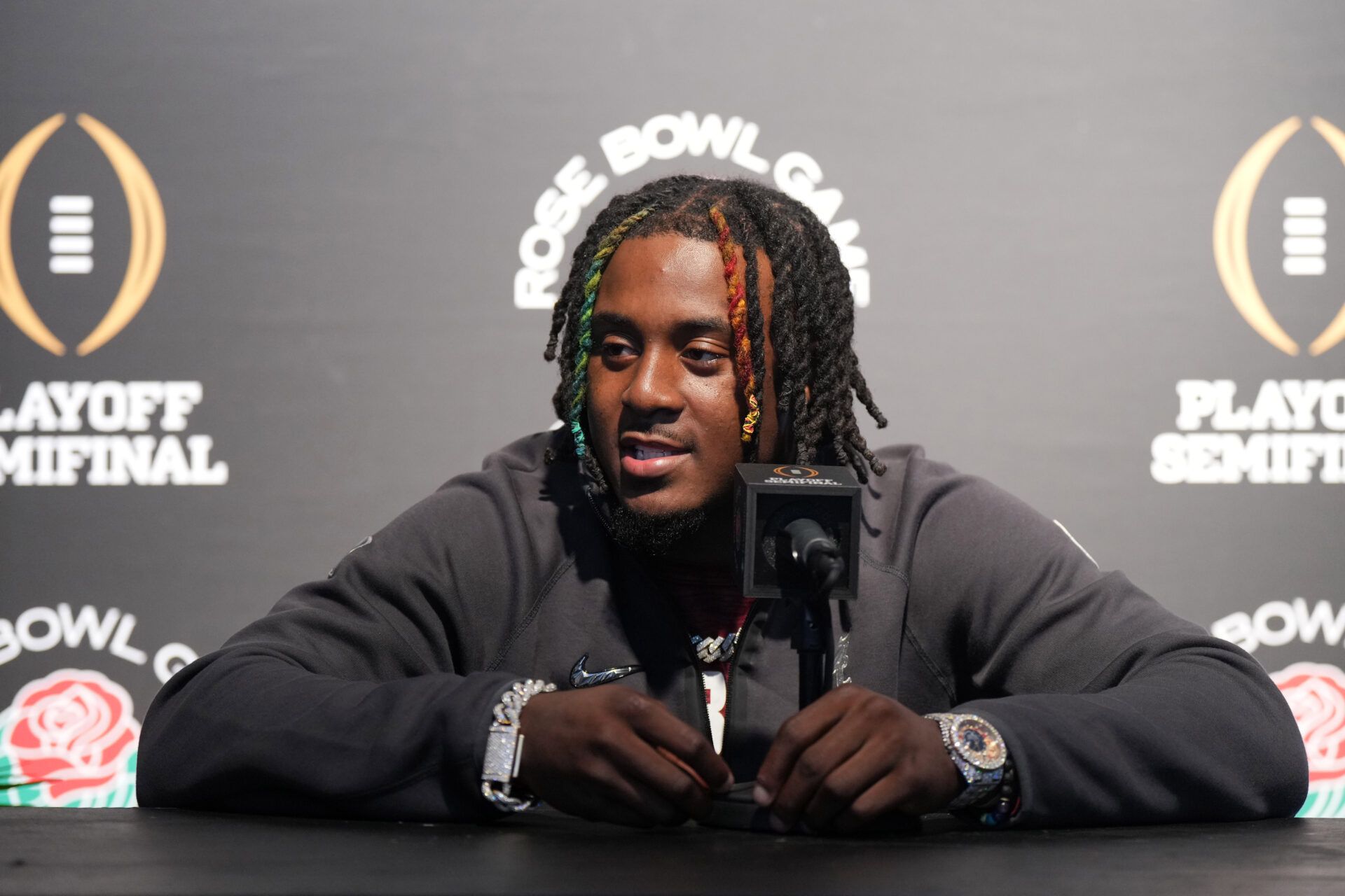 Alabama Crimson Tide defensive back Kool-Aid McKinstry during Rose Bowl media day at Rose Bowl Stadium.