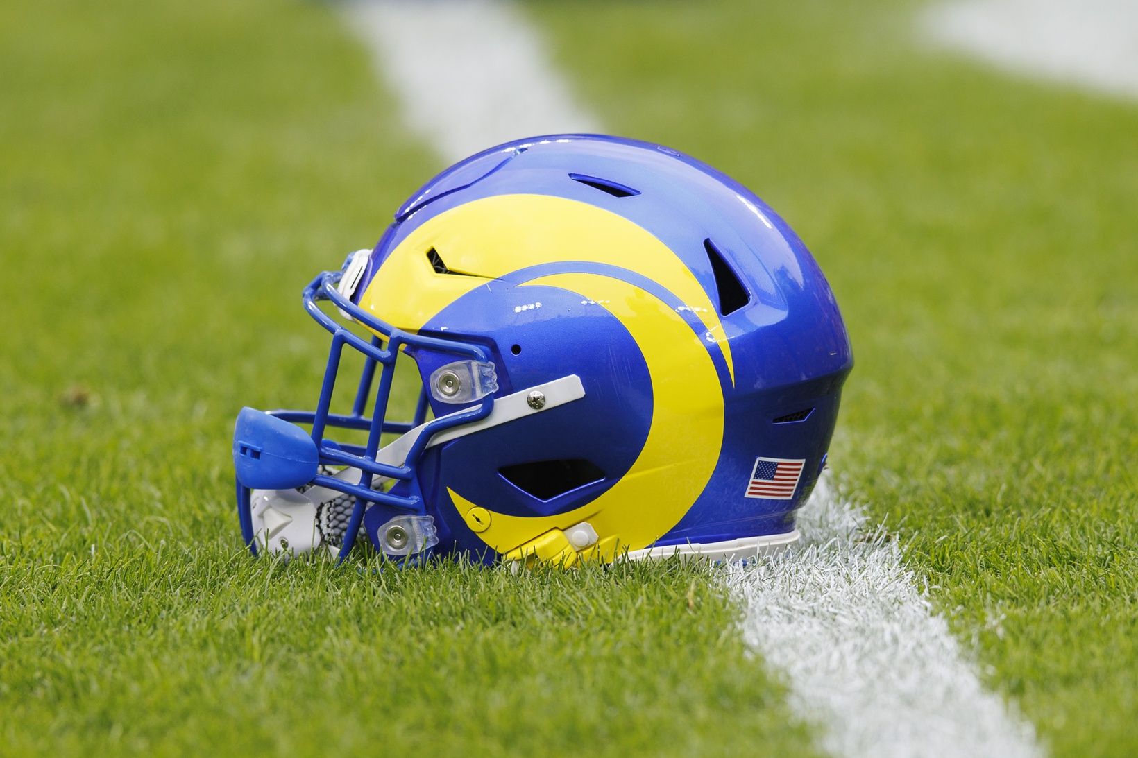 General view of an Los Angeles Rams helmet during warmups prior to the game against the Green Bay Packers at Lambeau Field.