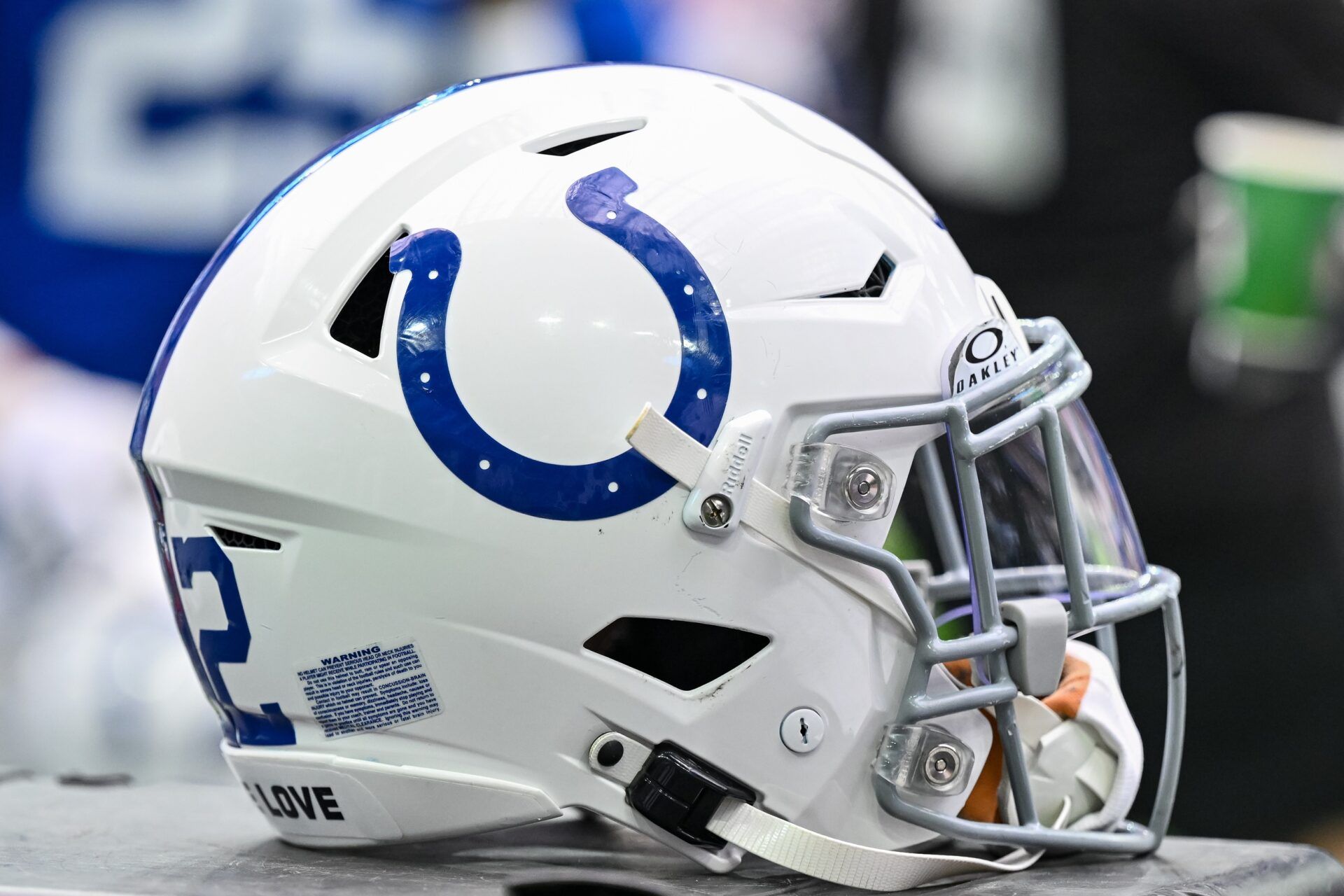 A detailed view of an Indianapolis Colts helmet on the sideline during the game against the Houston Texans at NRG Stadium.