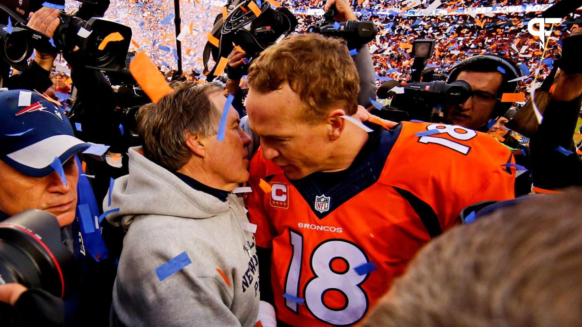 New England Patriots head coach Bill Belichick (left) and Denver Broncos quarterback Peyton Manning (18) shake hands and speak after the game in the AFC Championship football game at Sports Authority Field at Mile High.