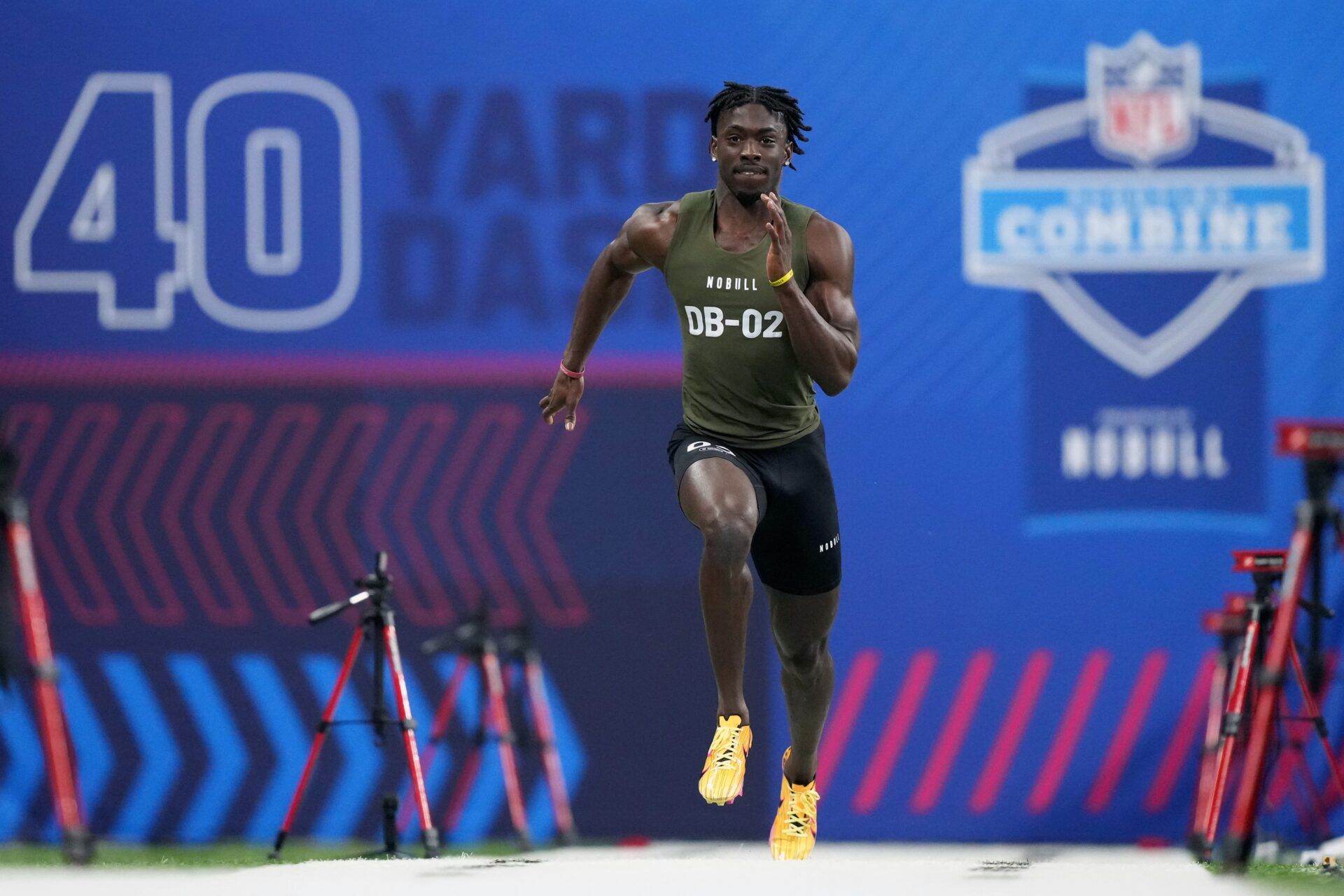 Alabama defensive back Terrion Arnold (DB02) works out during the 2024 NFL Combine at Lucas Oil Stadium. Mandatory Credit: Kirby Lee-USA TODAY Sports