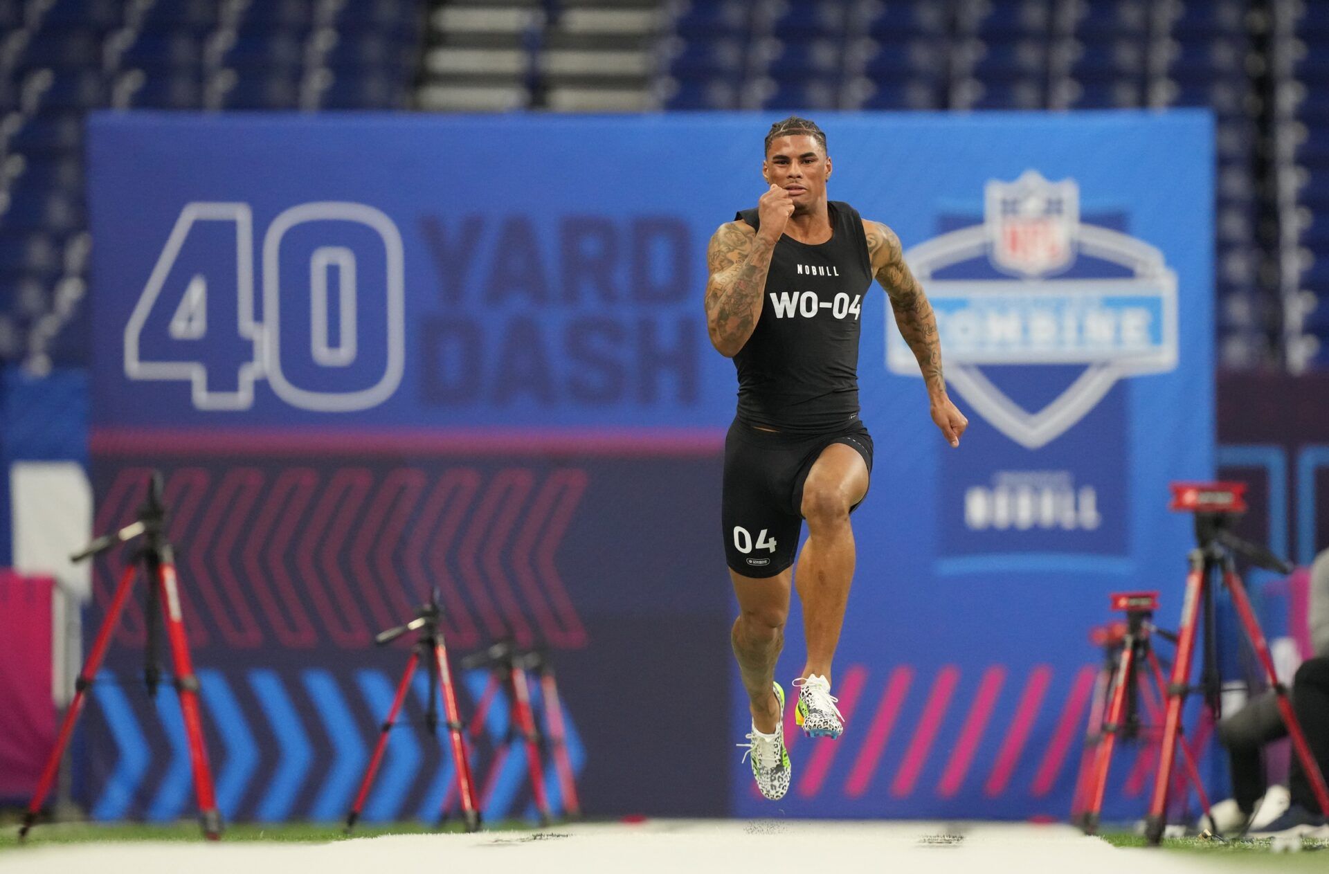 Florida State wide receiver Keon Coleman (WO04) during the 2024 NFL Combine at Lucas Oil Stadium. Mandatory Credit: Kirby Lee-USA TODAY Sports