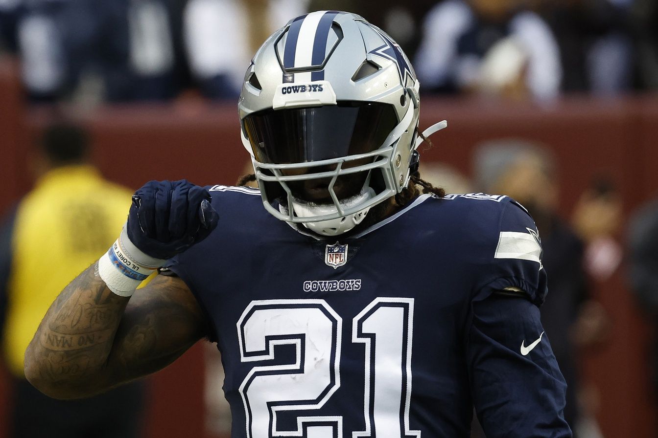 Dallas Cowboys running back Ezekiel Elliott (21) stands on the field during warmups prior to the Cowboys' game against the Washington Commanders at FedExField. Mandatory Credit: Geoff Burke-USA TODAY Sports