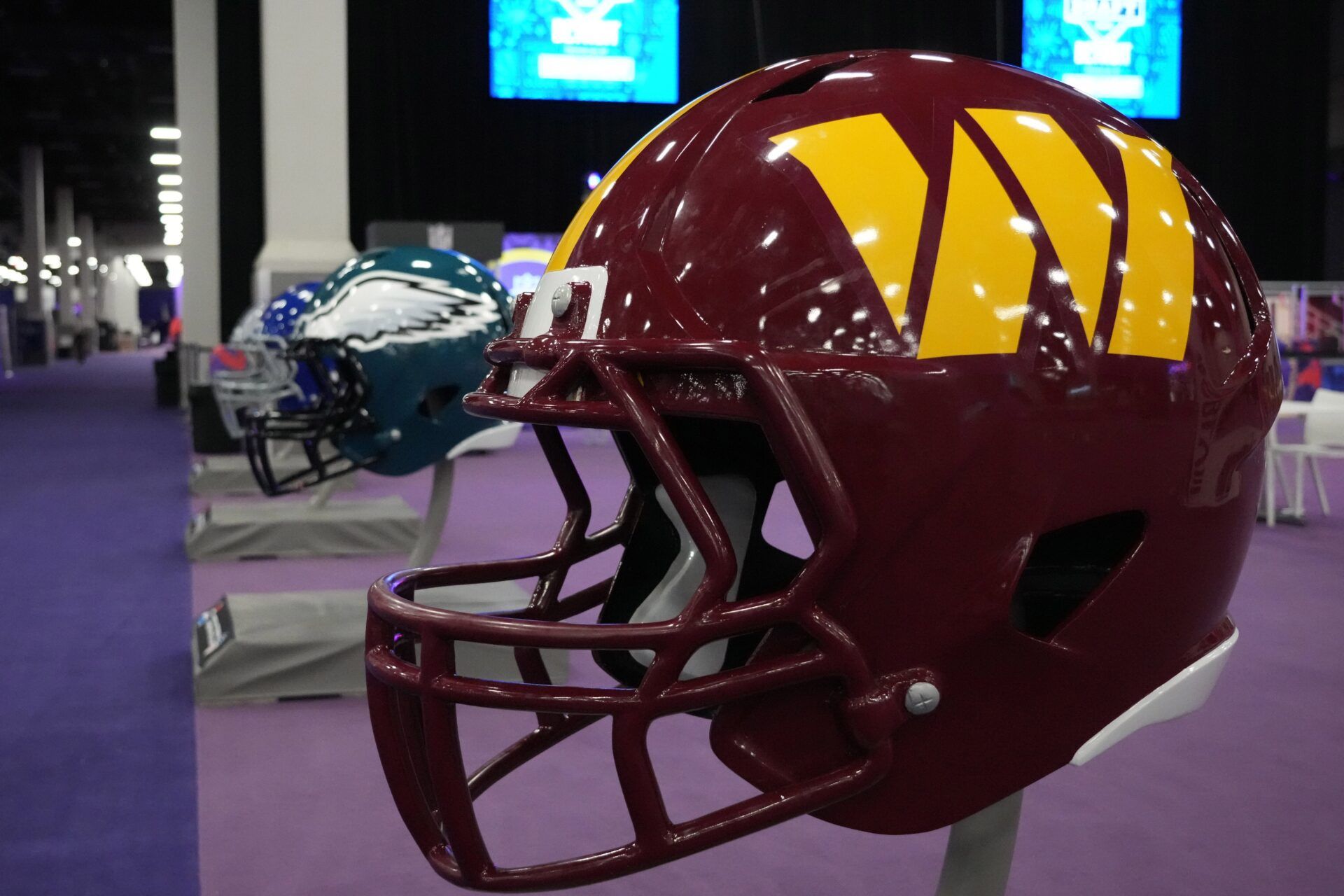 The Washington Commanders helmet on display at the Mandalay Bay South Convention Center.