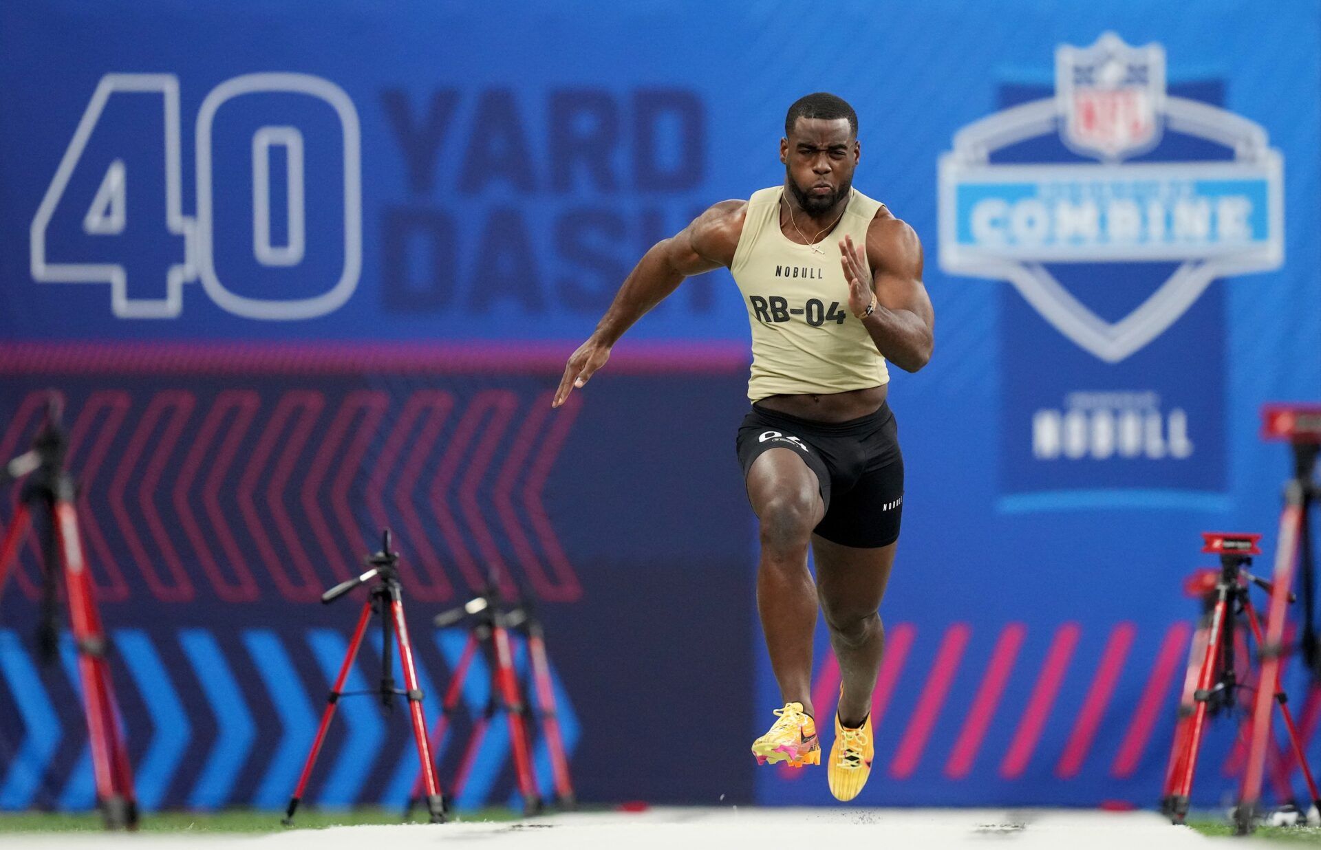 Florida State running back Trey Benson (RB04) during the 2024 NFL Combine at Lucas Oil Stadium.