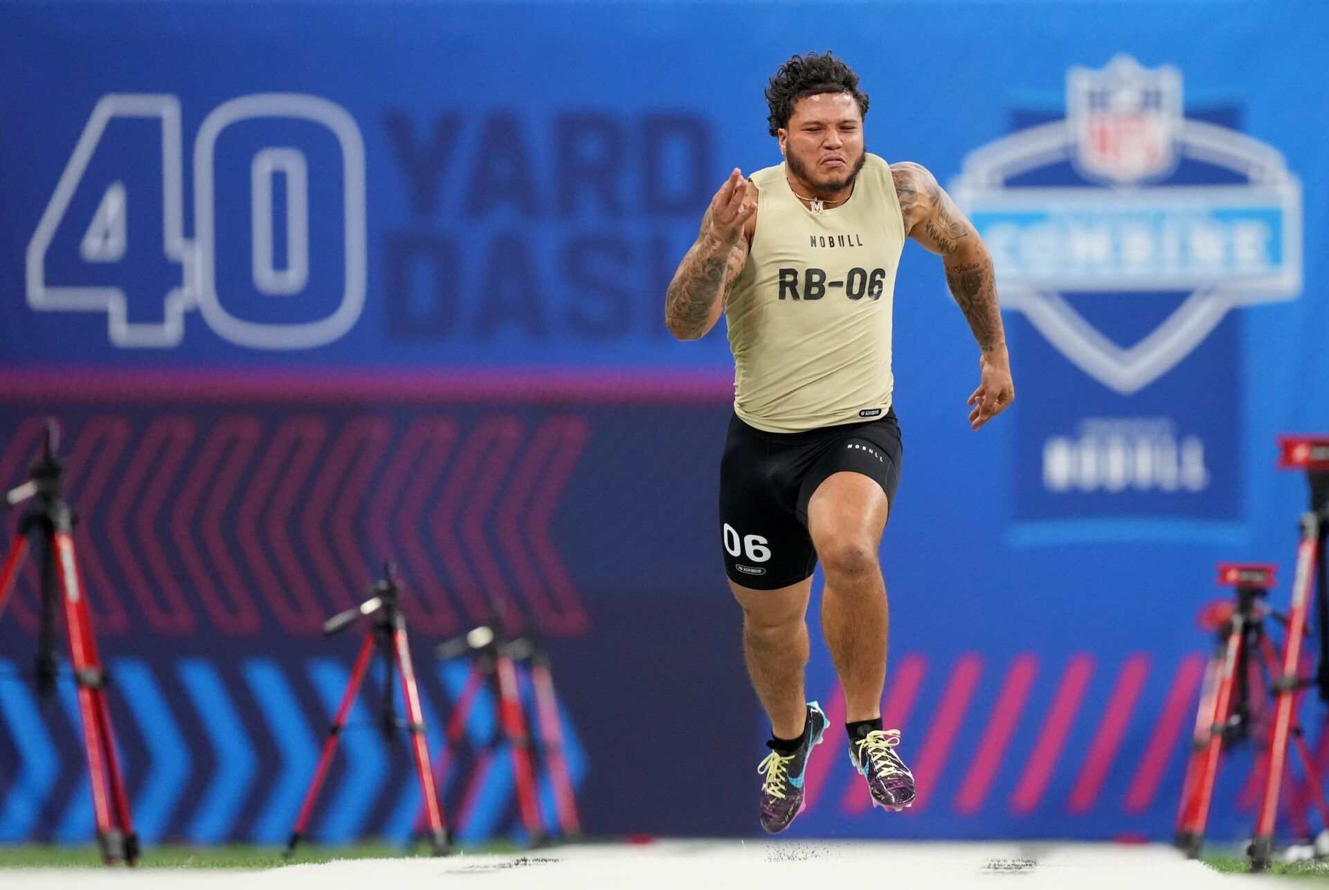 Michigan running back Blake Corum (RB06) during the 2024 NFL Combine at Lucas Oil Stadium.