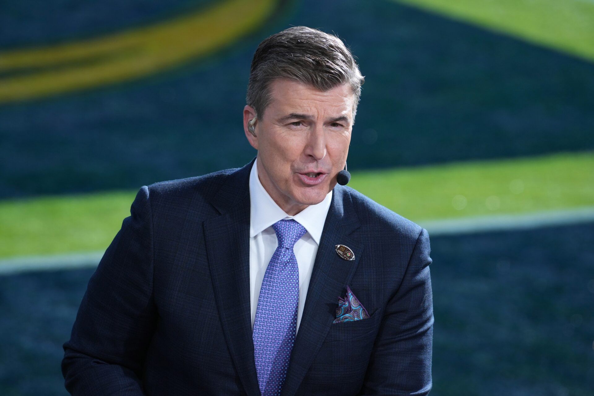 Rece Davis on the ESPN College GameDay set at the 2024 Rose Bowl.