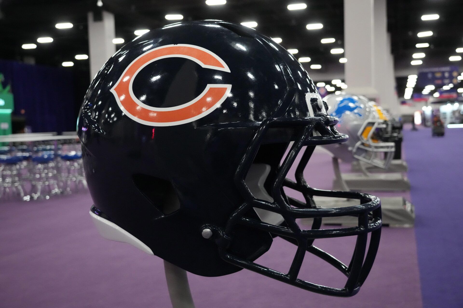 A Chicago Bears helmet on display at the NFL Experience at the Mandalay Bay South Convention Center.