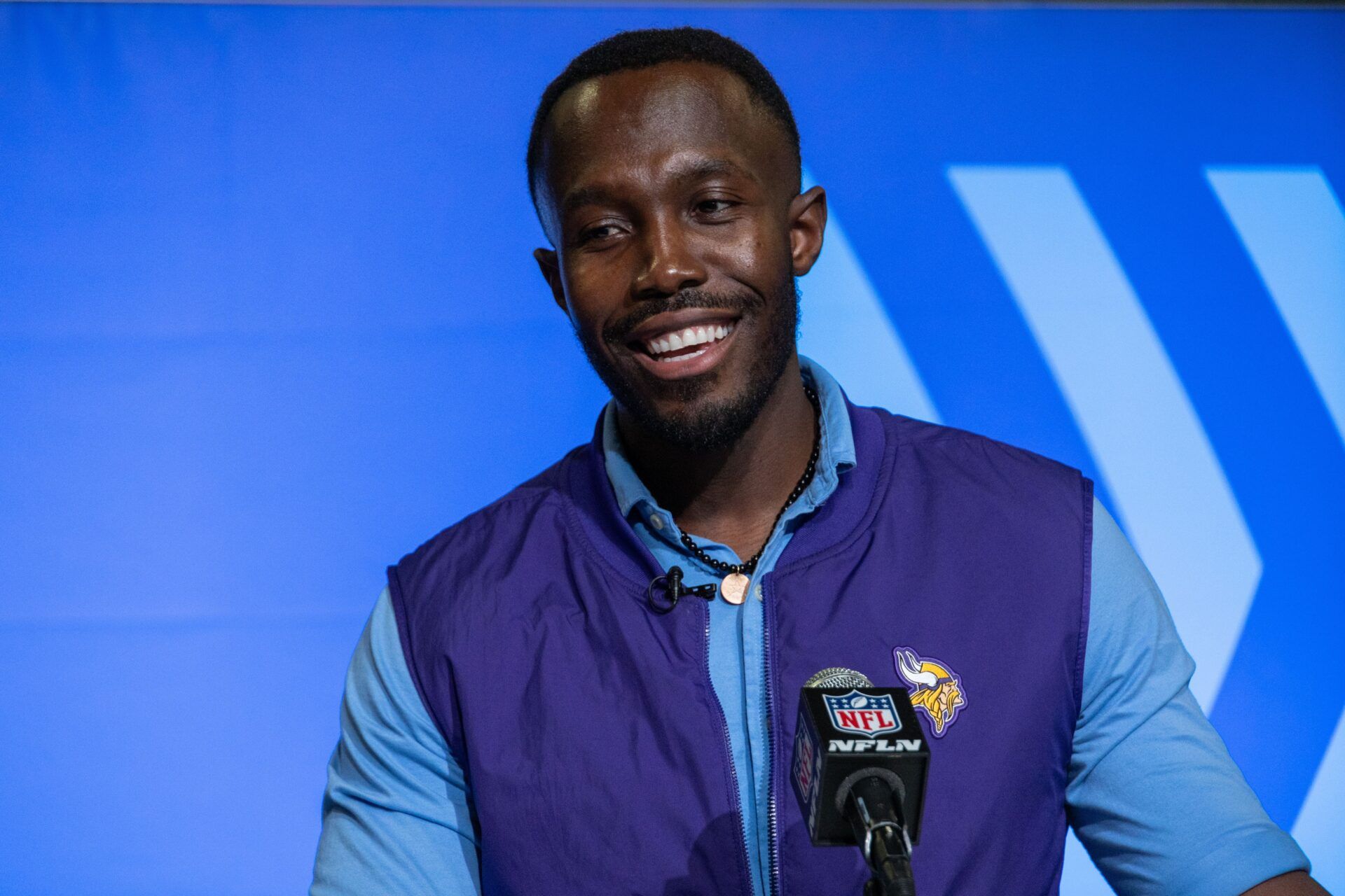 Minnesota Vikings general manager Kwesi Adofo‐Mensah speaks to the press at the NFL Combine at Lucas Oil Stadium.