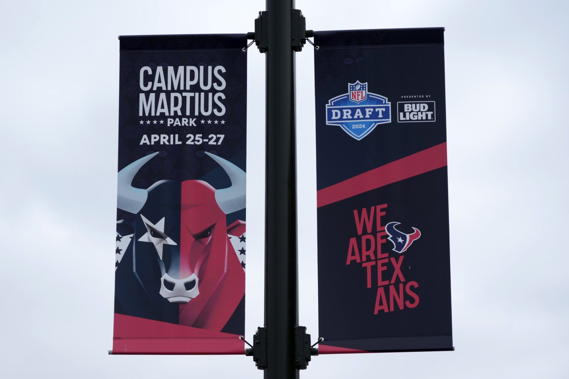 A Houston Texans banner on E. Montcalm St. promoting the 2024 NFL Draft. Mandatory Credit: Kirby Lee-USA TODAY Sports