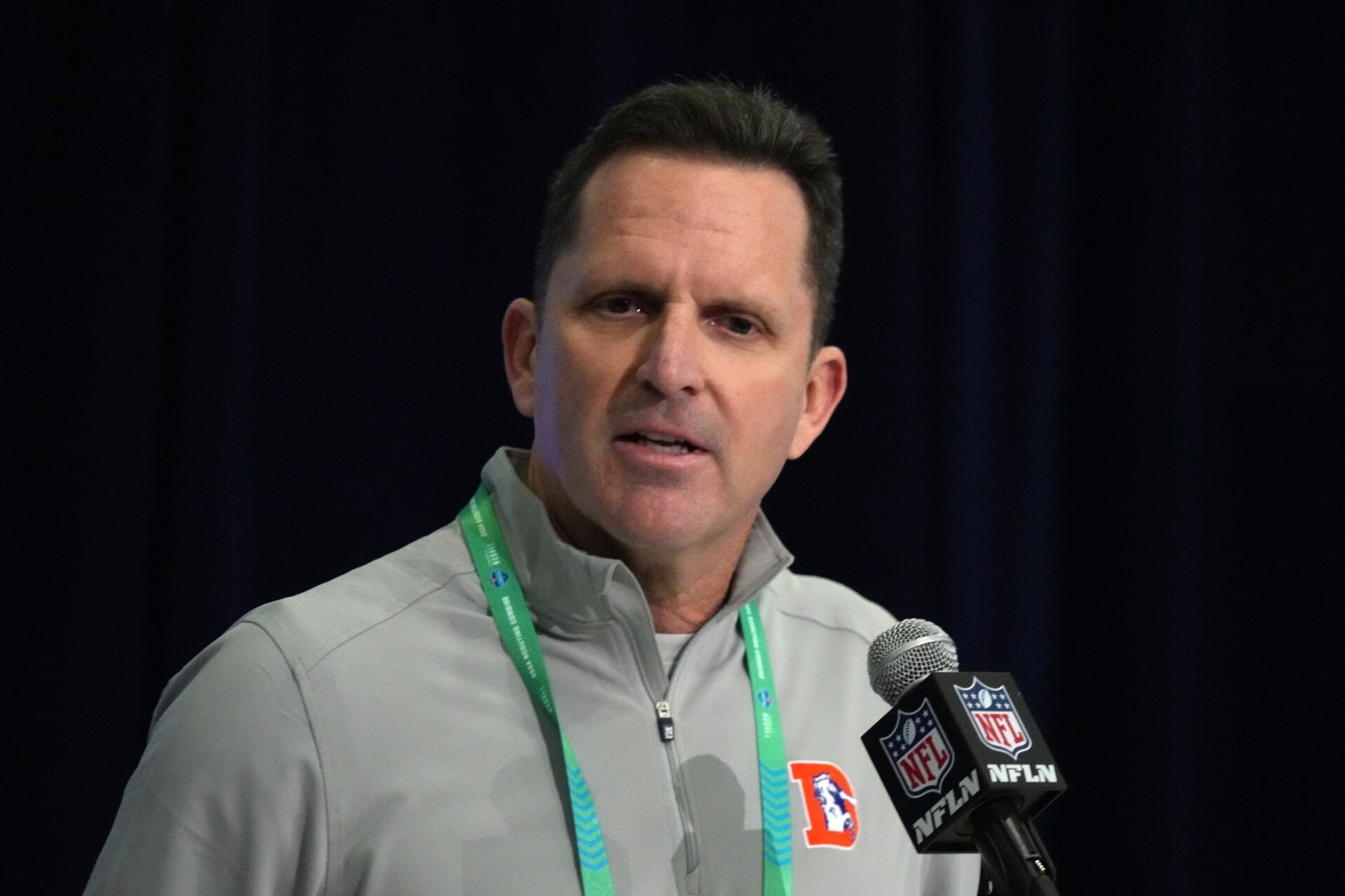 Denver Broncos general manager George Paton speaks during a press conference at the NFL Scouting Combine at Indiana Convention Center.