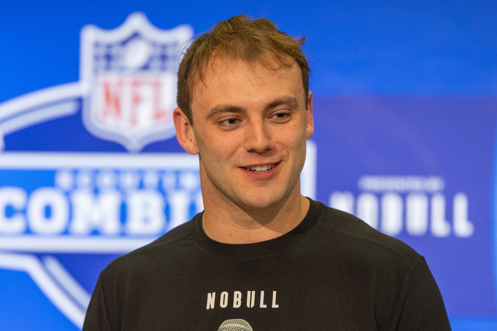 Georgia tight end Brock Bowers (TE04) talks to the media during the 2024 NFL Combine at Lucas Oil Stadium.