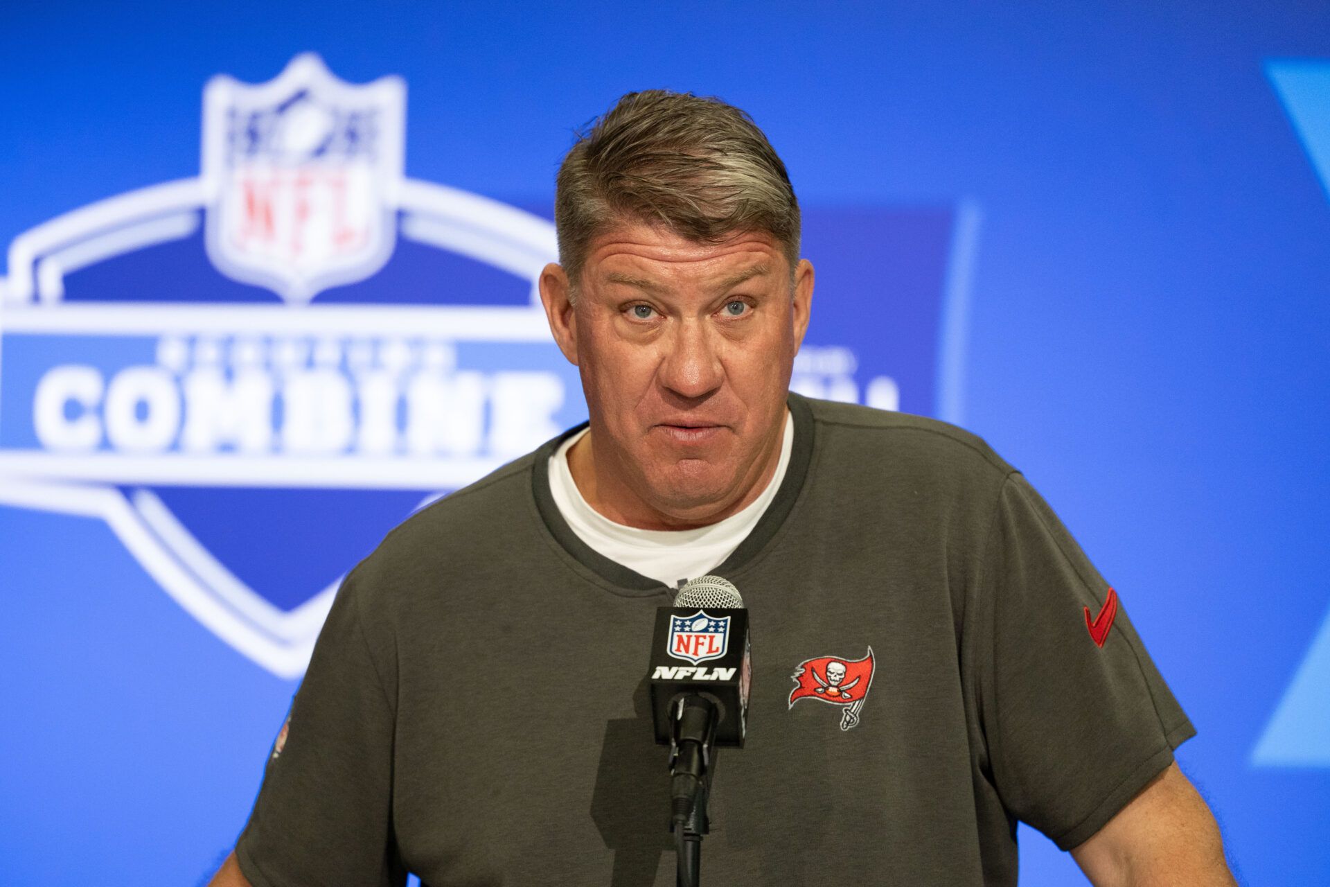 Tampa Bay Buccaneers general manager Jason Licht talks to the media at the 2024 NFL Combine at Indiana Convention Center.