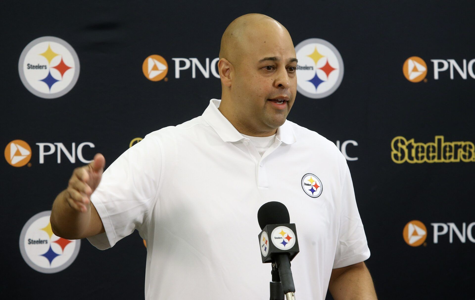 Pittsburgh Steelers general manager Omar Khan addresses the media prior to the start of training camp at Saint Vincent College.