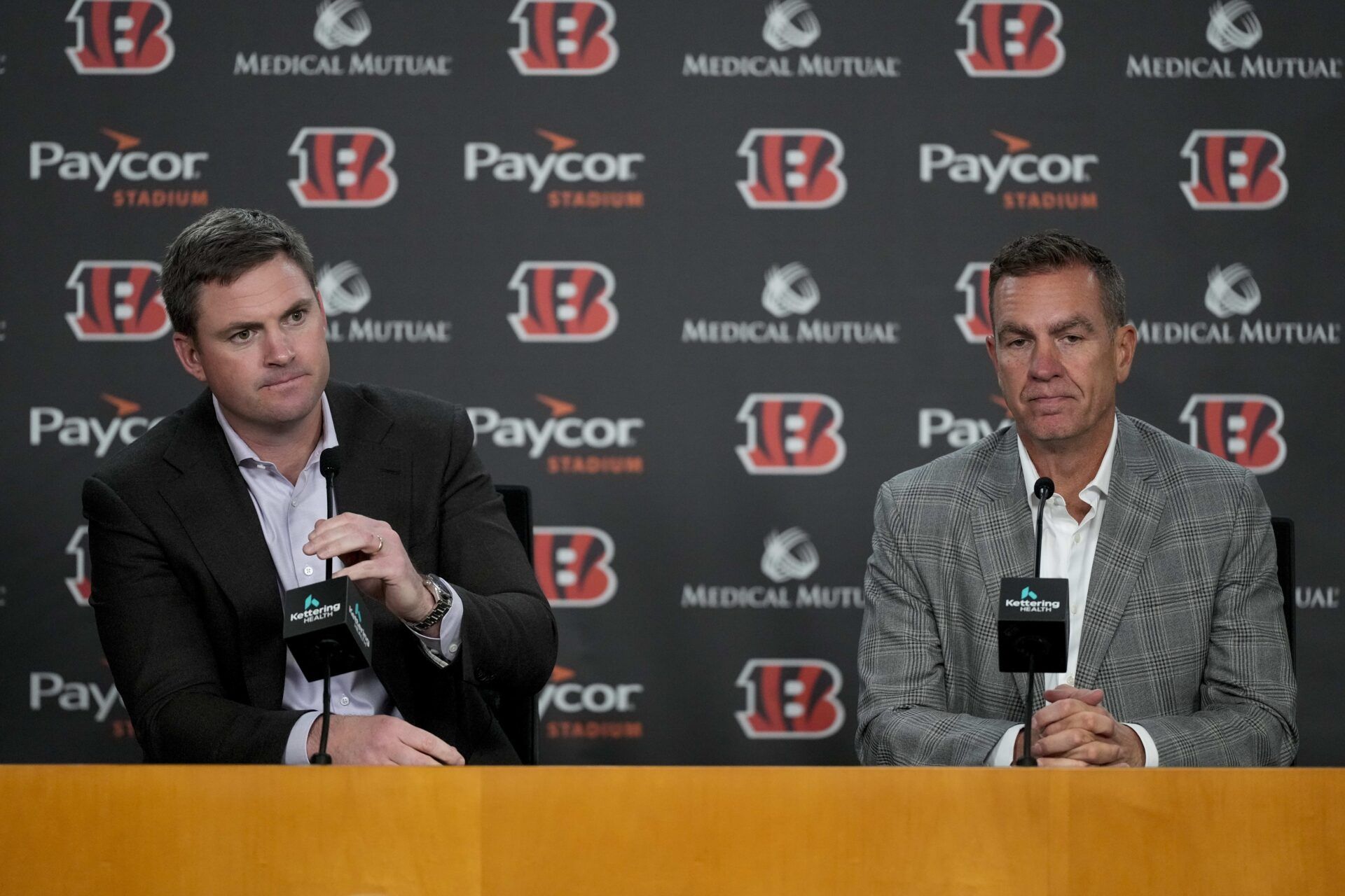 Cincinnati Bengals head coach Zac Taylor and defensive coordinator Lou Anarumo give a press conference following the team s pick of Alabama safety Jordan Battle in the third round of the NFL Draft at Paycor Stadium.