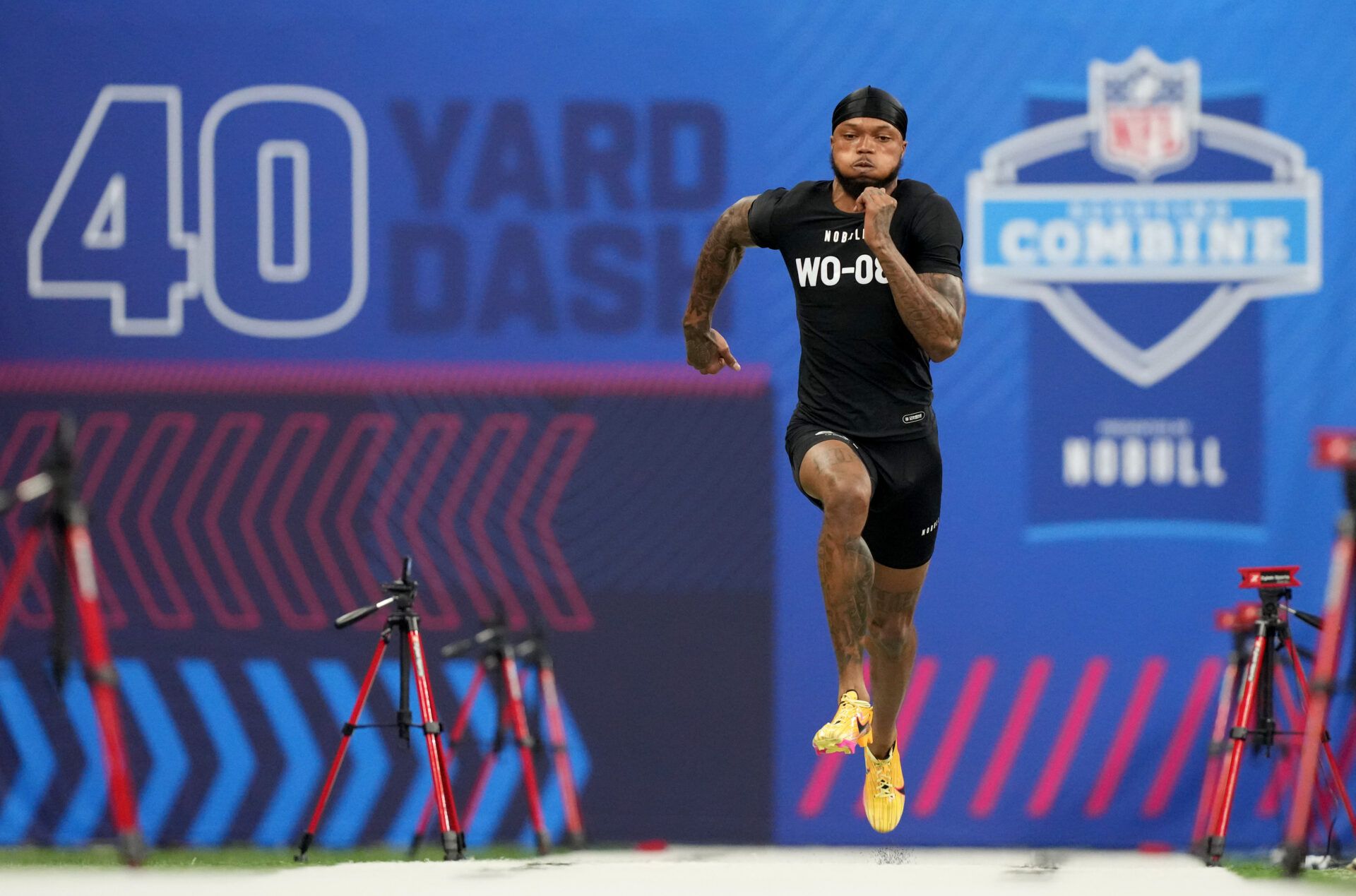 Oregon wide receiver Troy Franklin (WO08) during the 2024 NFL Combine at Lucas Oil Stadium.