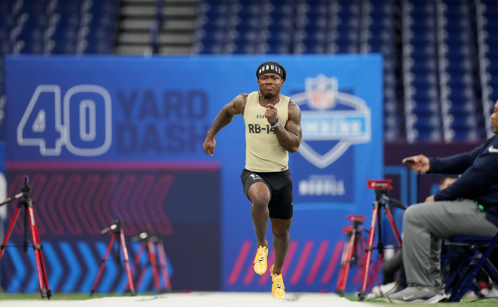 Oregon running back Bucky Irving (RB14) during the 2024 NFL Combine at Lucas Oil Stadium.