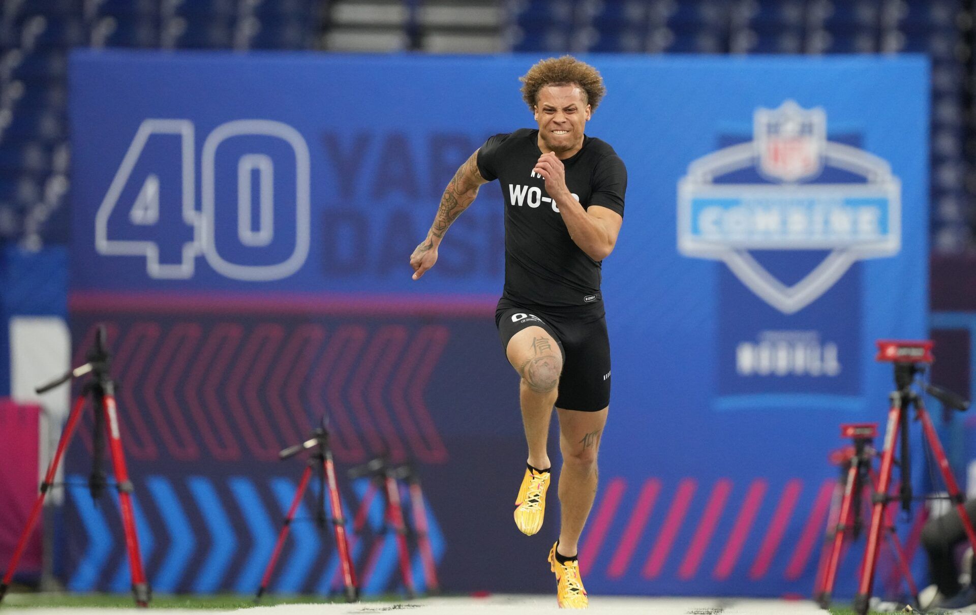 Alabama wide receiver Jermaine Burton (WO02) during the 2024 NFL Combine at Lucas Oil Stadium. Mandatory Credit: Kirby Lee-USA TODAY Sports