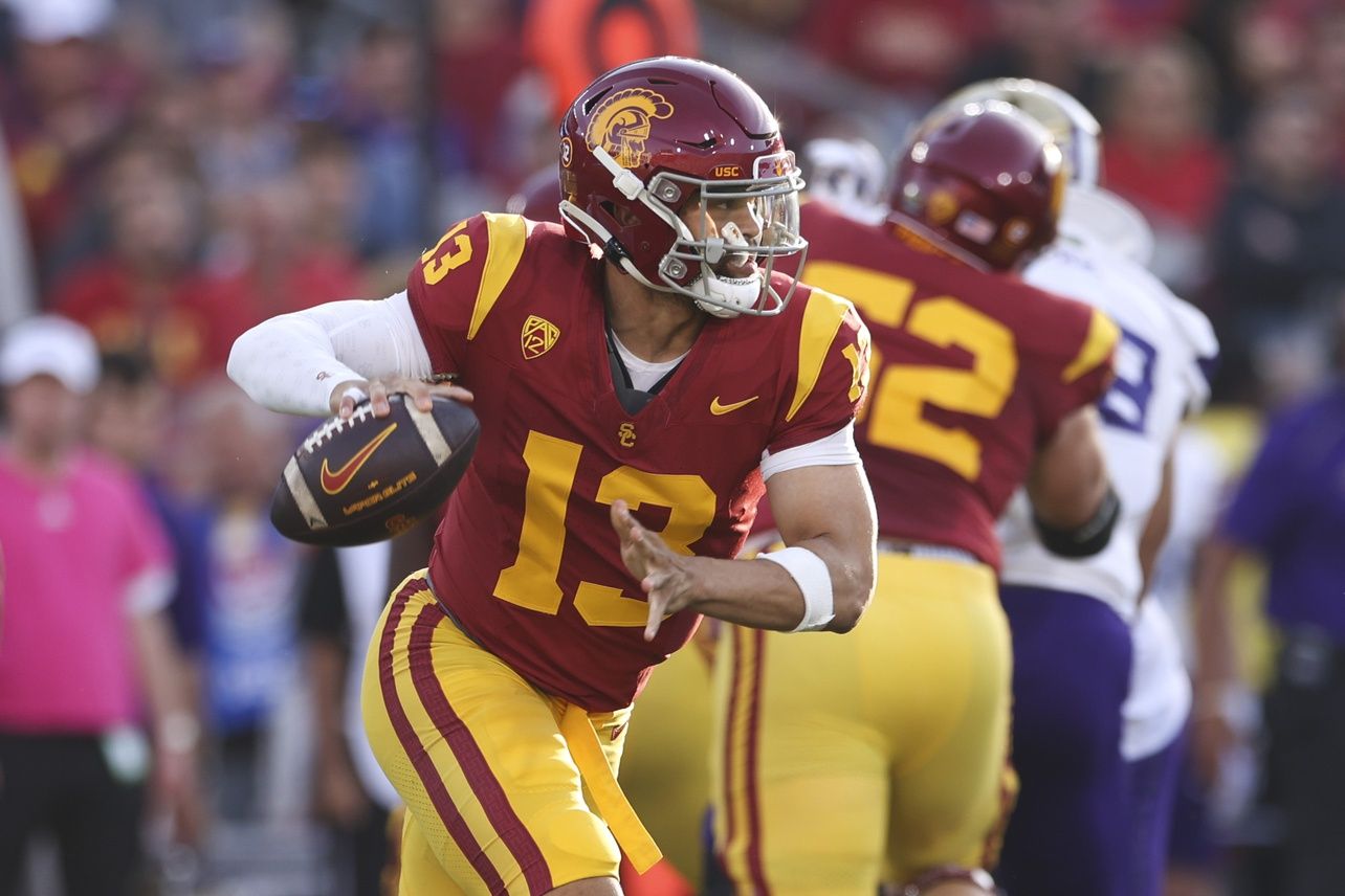 USC Trojans quarterback Caleb Williams (13) prepares to throw the ball during the first quarter against the Washington Huskies at United Airlines Field at Los Angeles Memorial Coliseum. Mandatory Credit: Jessica Alcheh-USA TODAY Sports