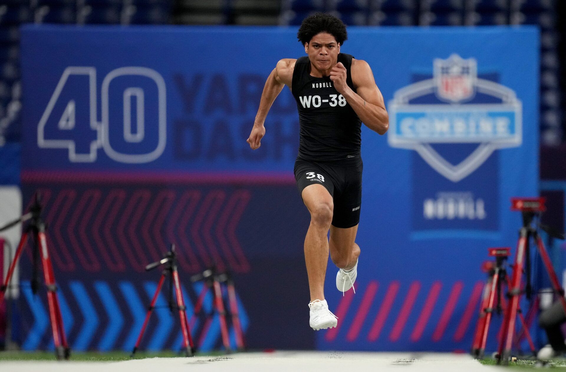 Florida State wide receiver Johnny Wilson (WO38) during the 2024 NFL Combine at Lucas Oil Stadium. Mandatory Credit: Kirby Lee-USA TODAY Sports