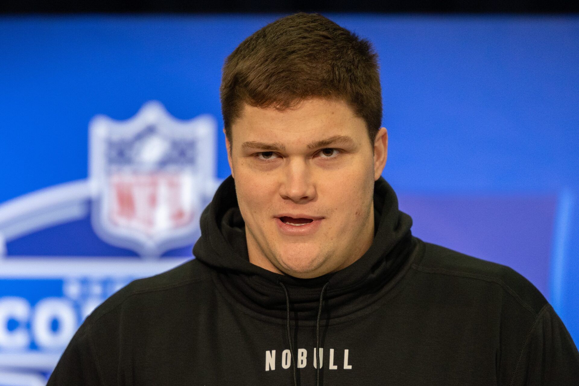 Notre Dame offensive lineman Joe Alt (OL02) talks to the media during the 2024 NFL Combine at Lucas Oil Stadium.