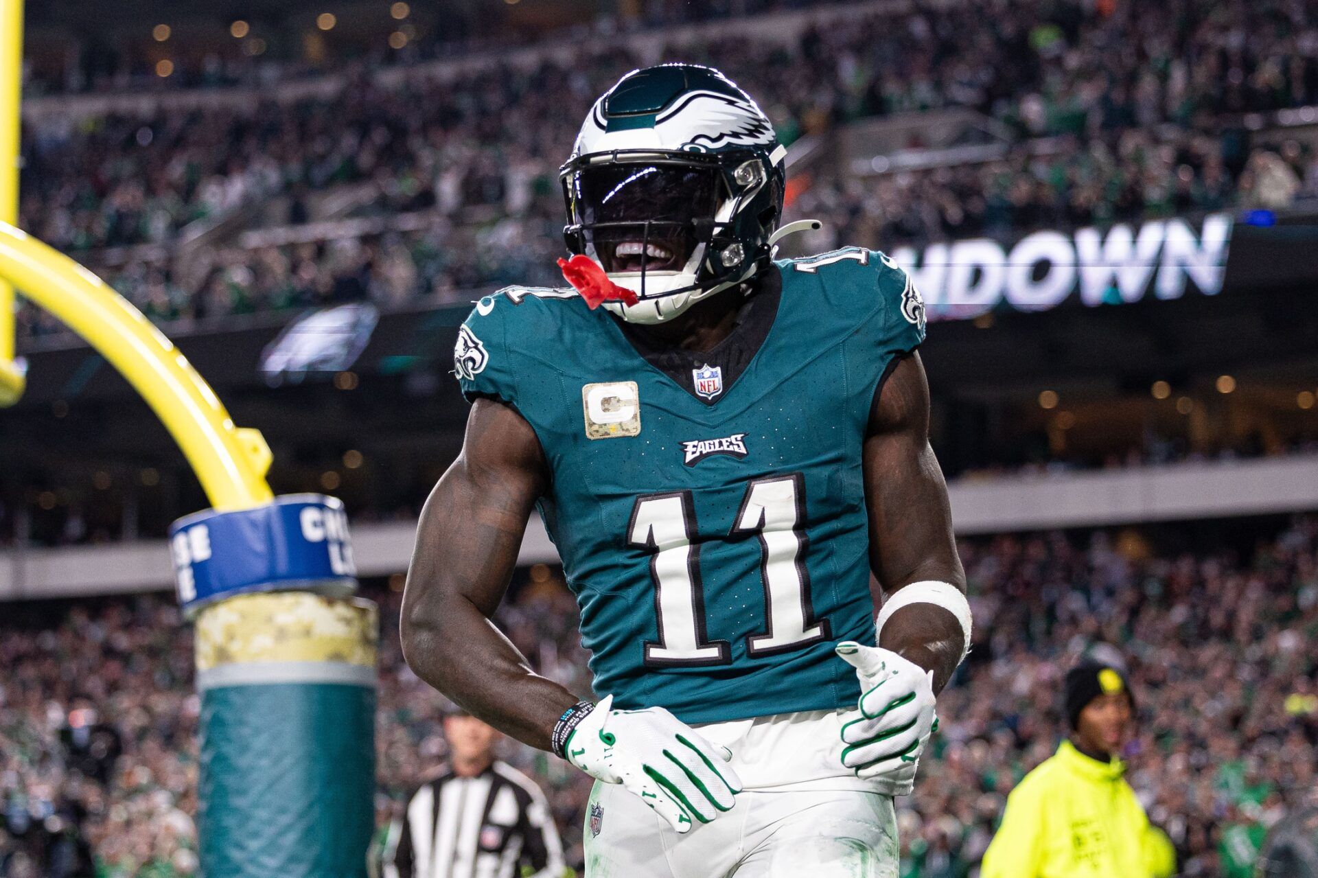 Philadelphia Eagles wide receiver A.J. Brown (11) reacts after his touchdown catch against the Dallas Cowboys during the third quarter at Lincoln Financial Field. Mandatory Credit: Bill Streicher-USA TODAY Sports