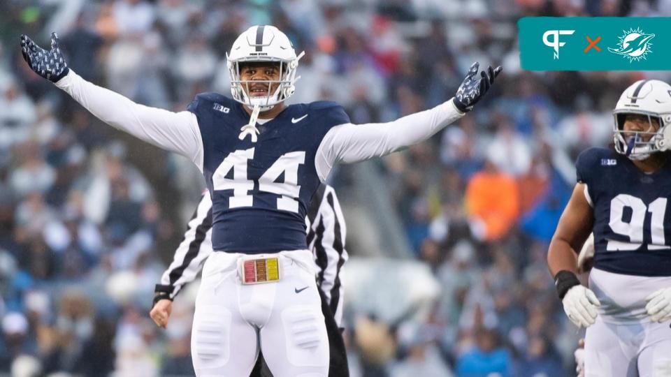 Penn State defensive end Chop Robinson (44) celebrates after sacking Massachusetts quarterback Taisun Phommachanh in the first half of a NCAA football game Saturday, Oct. 14, 2023, in State College, Pa. The Nittany Lions won, 63-0.