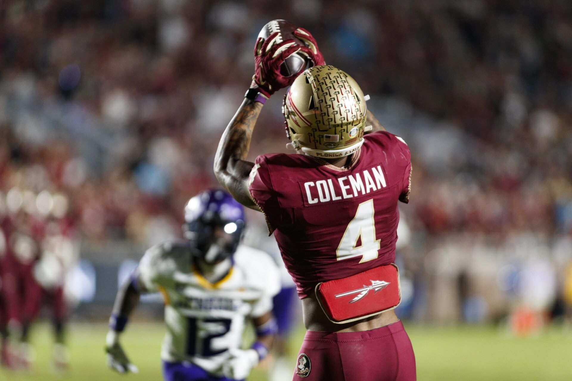 Florida State Seminoles wide receiver Keon Coleman (4) catches a ball in the endzone to score a touchdown against the North Alabama Lions during the third quarter at Doak S. Campbell Stadium. Mandatory Credit: Morgan Tencza-USA TODAY Sports