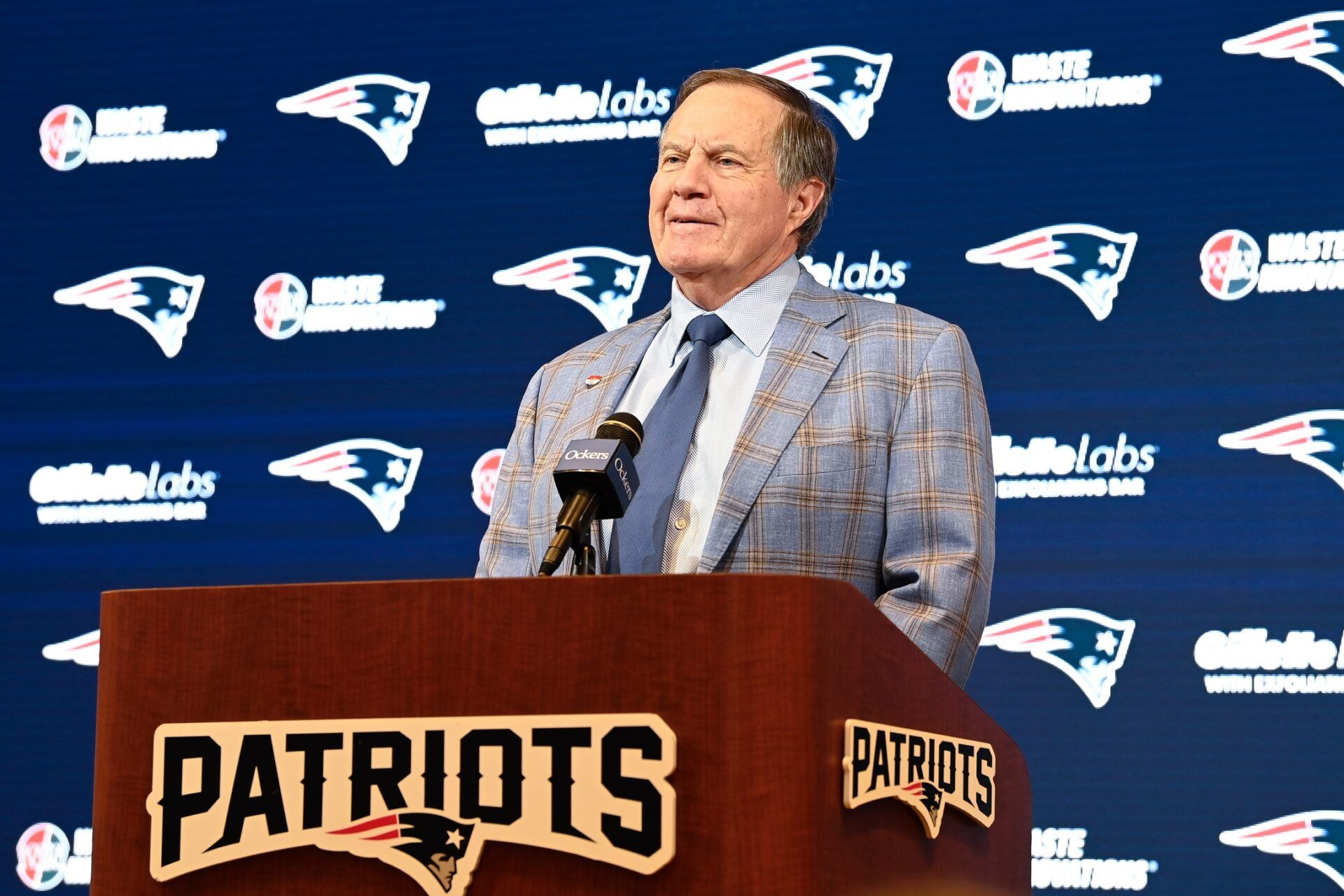 New England Patriots former head coach Bill Belichick holds a press conference at Gillette Stadium to announce his exit from the team. Mandatory Credit: Eric Canha-USA TODAY Sports