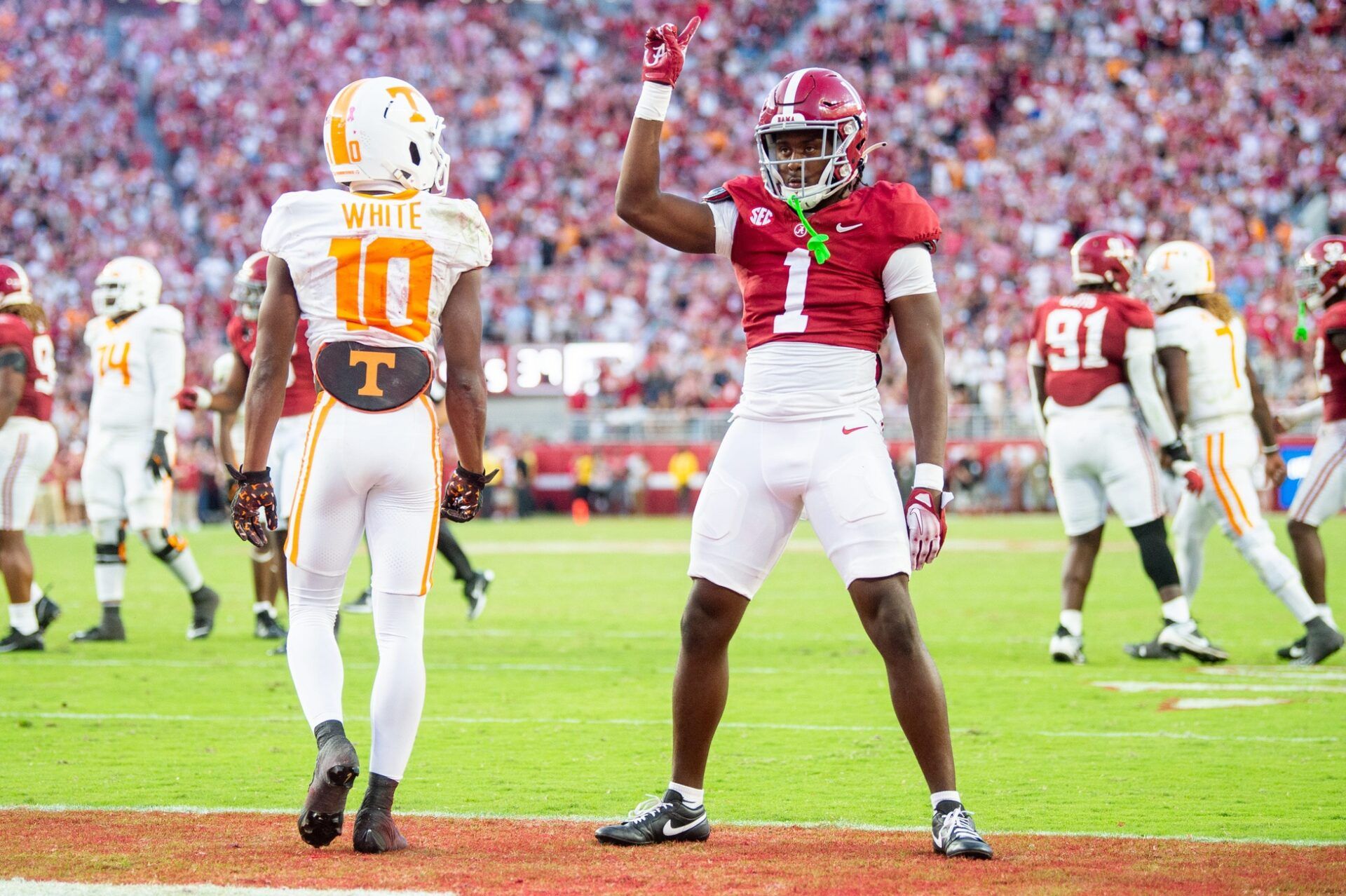 Alabama defensive back Kool-Aid McKinstry gestures in celebration after Tennessee failed to convert on fourth down in the fourth quarter at Bryant-Denny Stadium in Tuscaloosa, Ala., on Saturday, Oct. 21, 2023.