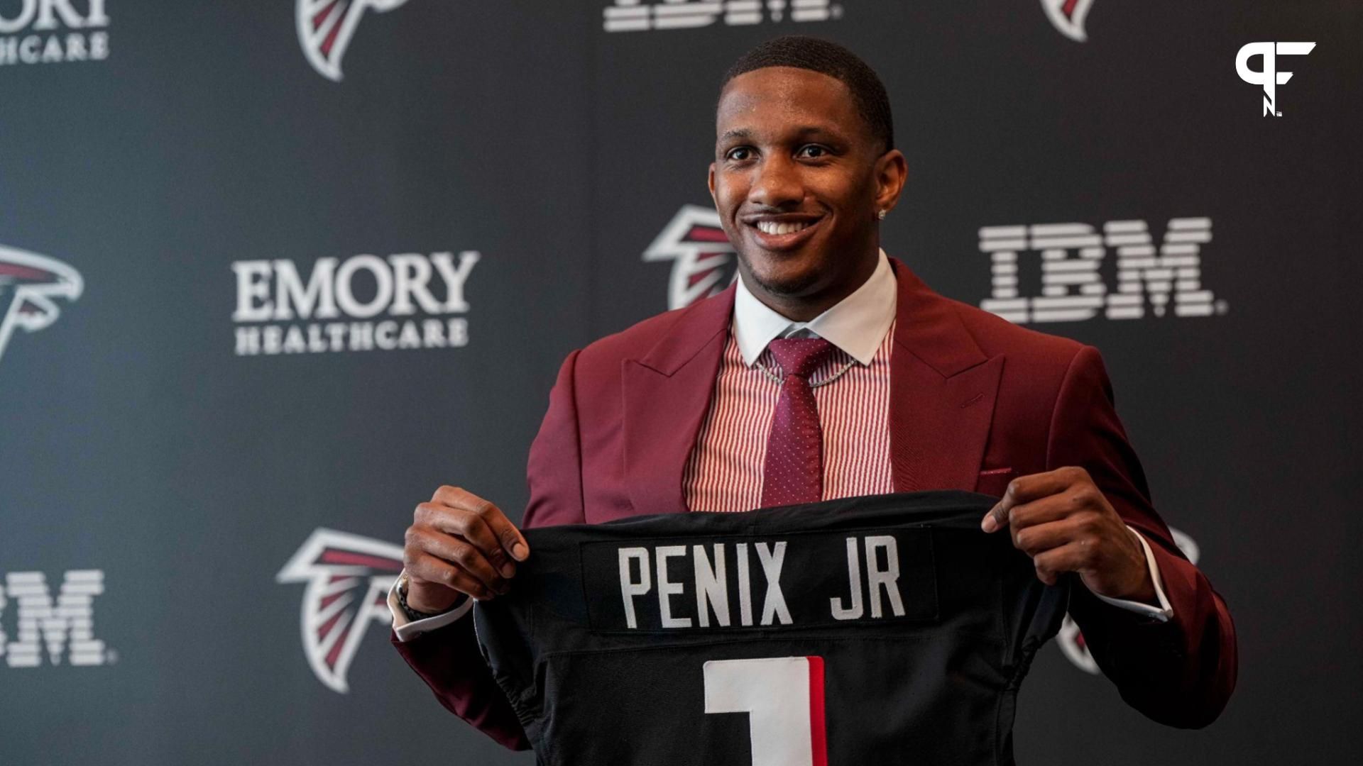 Atlanta Falcons first round draft pick quarterback Michael Penix Jr talks to the media at a press conference introducing him at the Falcons training complex.